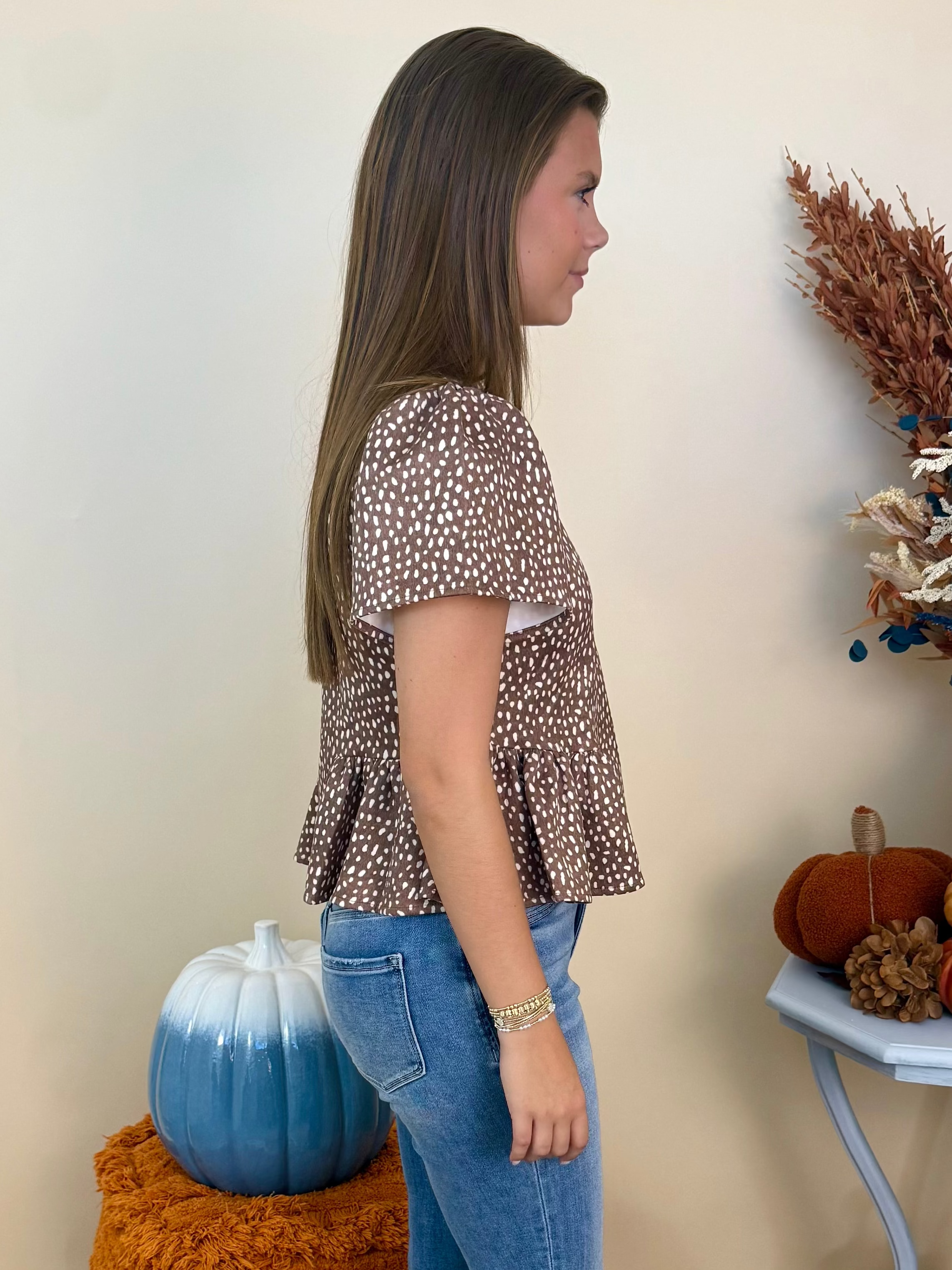 My Happy Place Brown Ecru Dot Ruffle Top-Shop-Womens-Boutique-Clothing