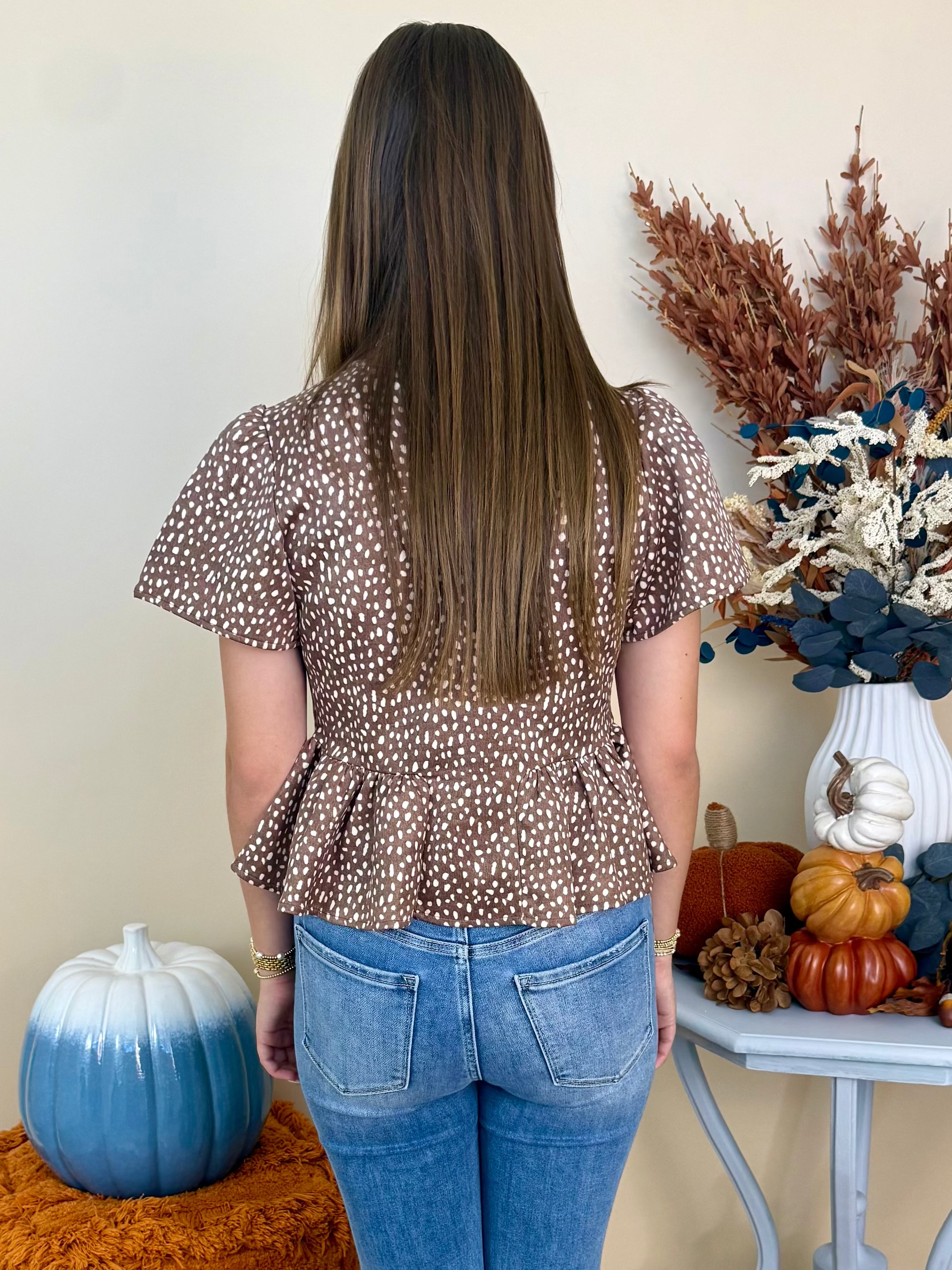My Happy Place Brown Ecru Dot Ruffle Top-Shop-Womens-Boutique-Clothing