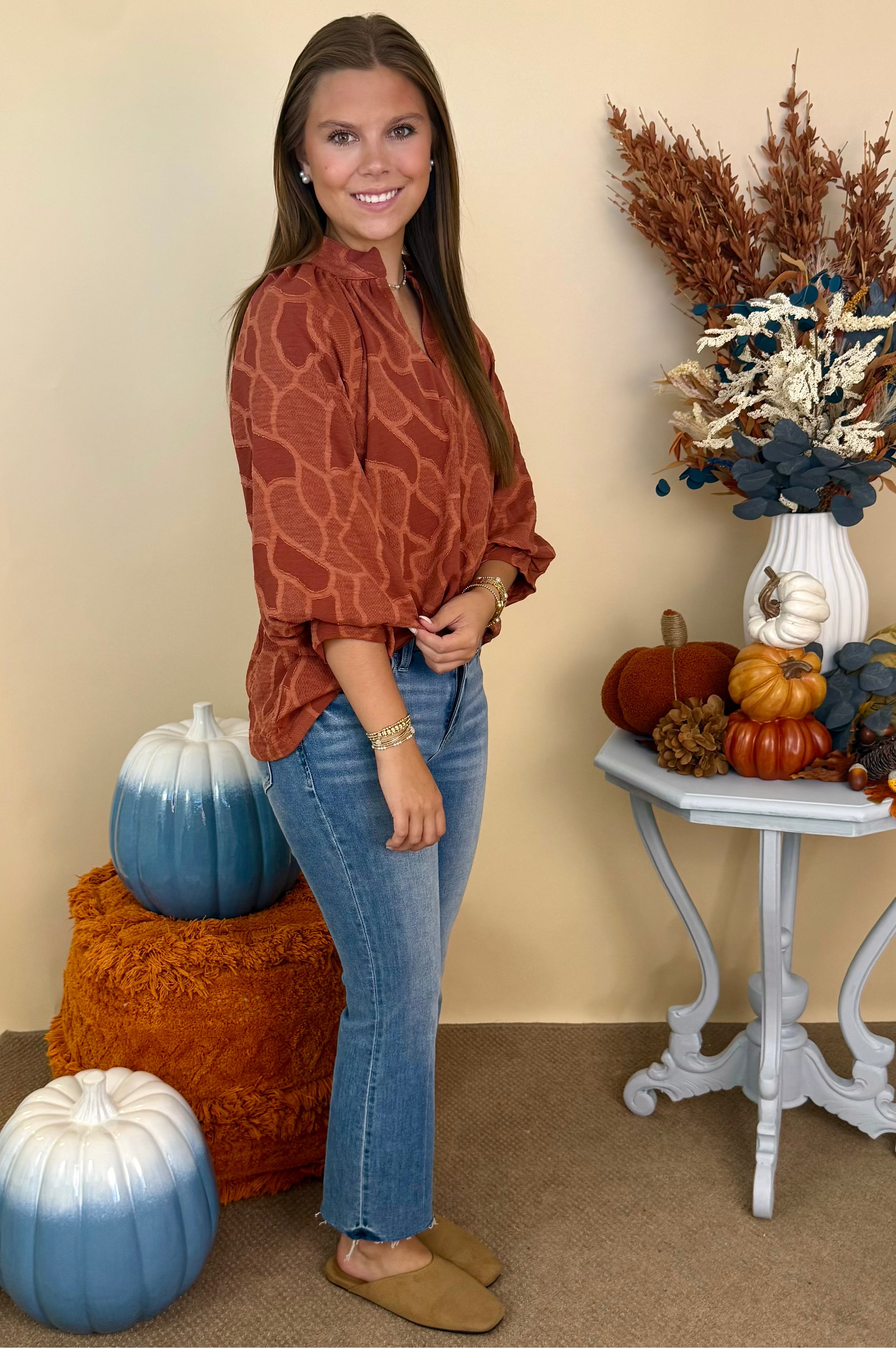 Once Again Auburn V-Neck Collared Top-Shop-Womens-Boutique-Clothing