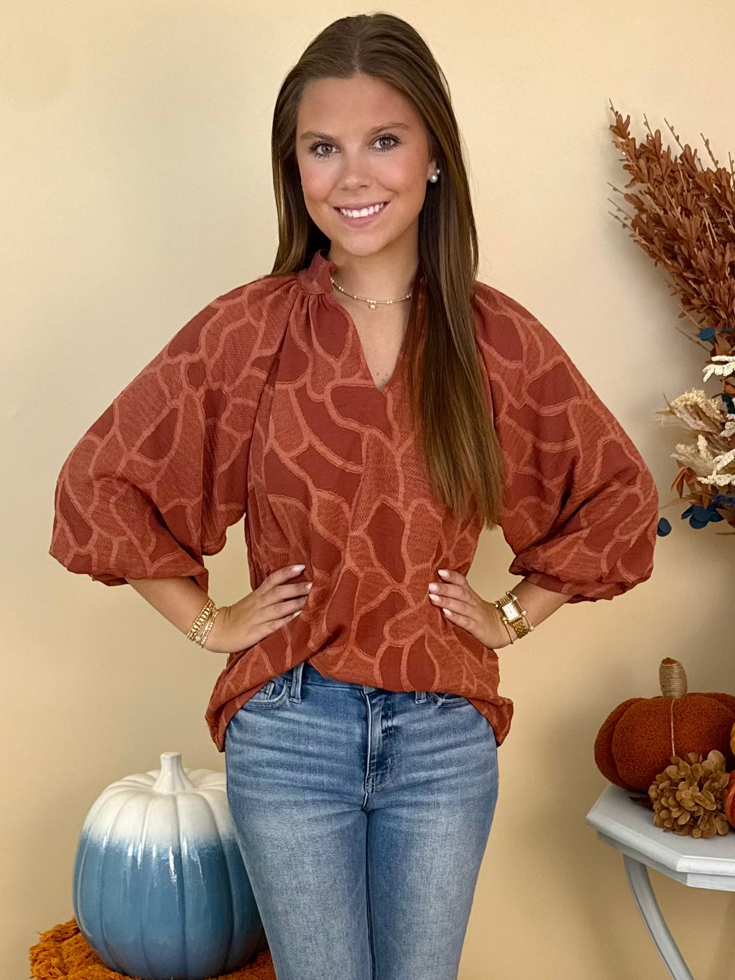 Once Again Auburn V-Neck Collared Top-Shop-Womens-Boutique-Clothing