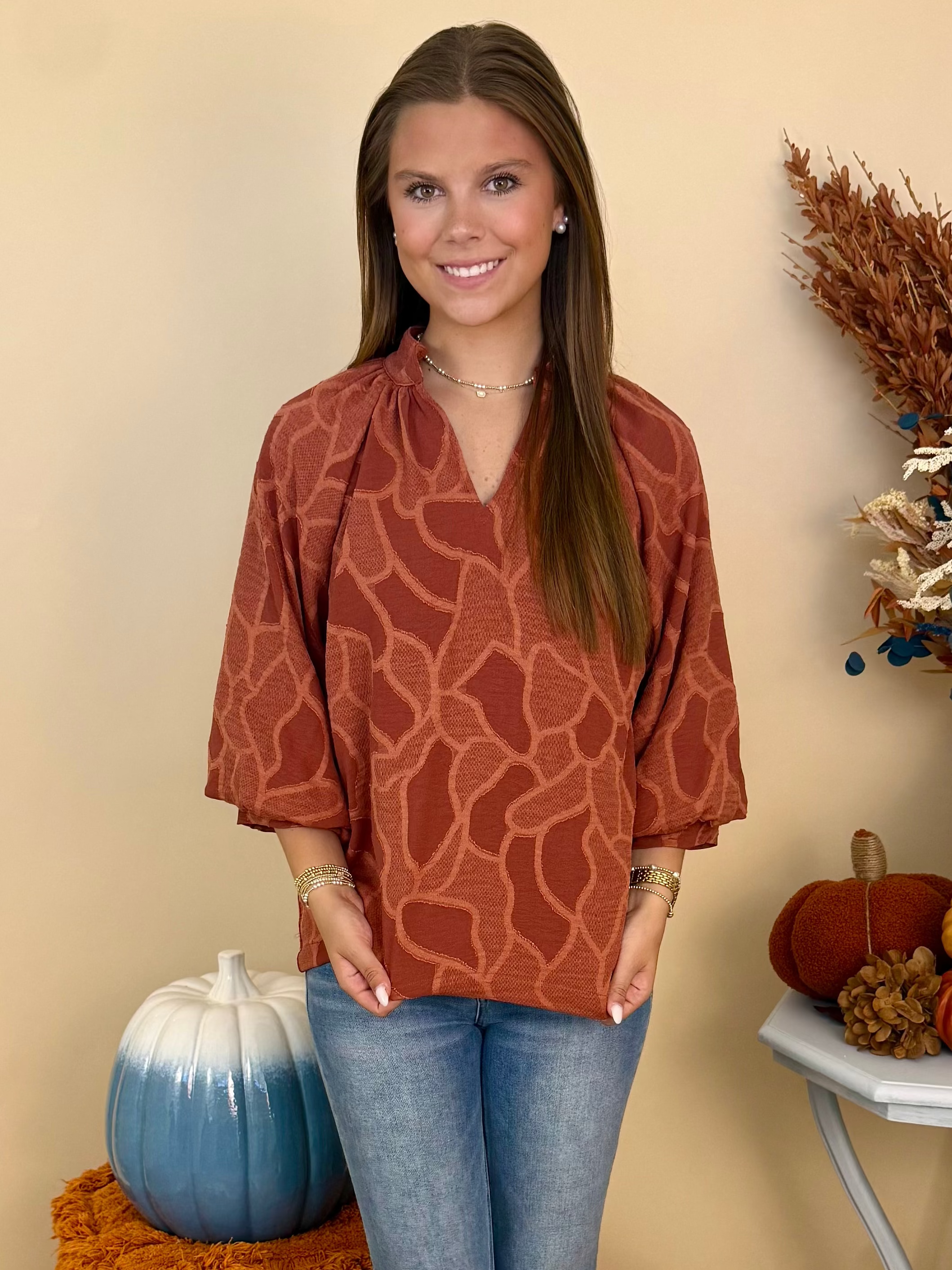 Once Again Auburn V-Neck Collared Top-Shop-Womens-Boutique-Clothing