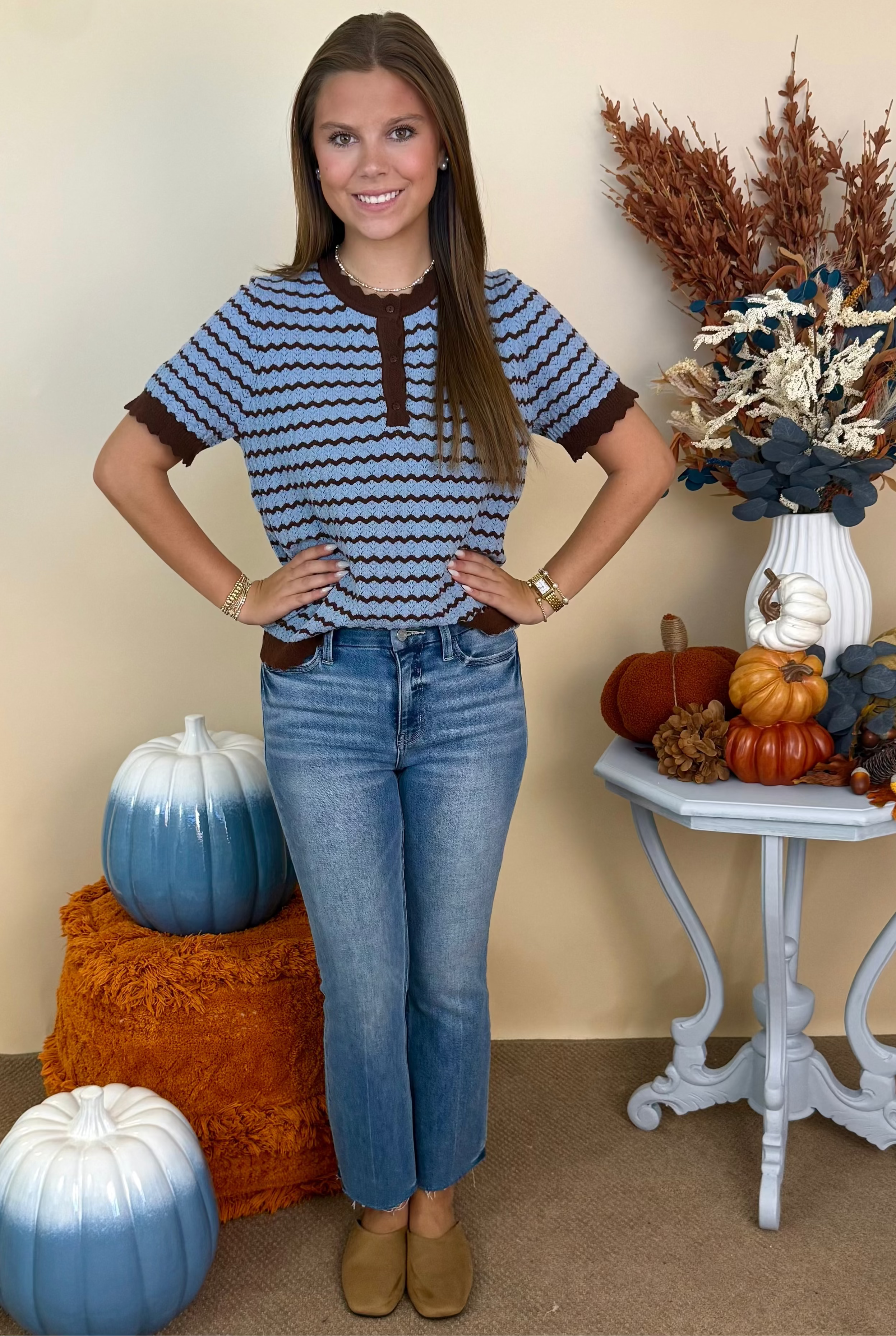Crisp and Cute Brown/Blue Zig-Zag Short Sleeve Sweater-Shop-Womens-Boutique-Clothing