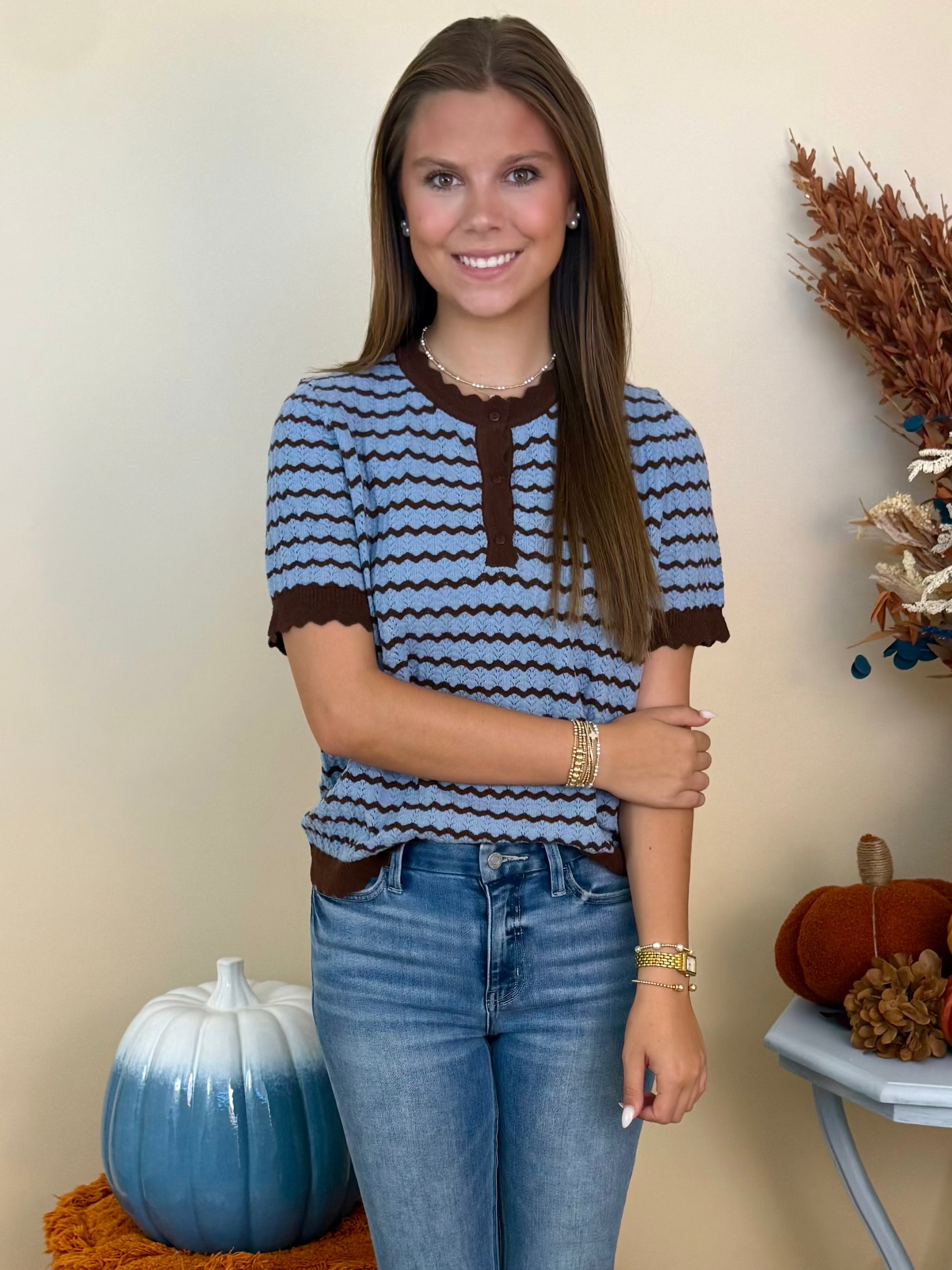 Crisp and Cute Brown/Blue Zig-Zag Short Sleeve Sweater-Shop-Womens-Boutique-Clothing