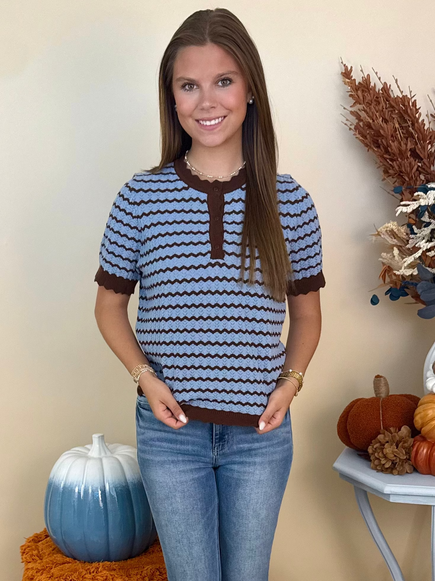 Crisp and Cute Brown/Blue Zig-Zag Short Sleeve Sweater-Shop-Womens-Boutique-Clothing