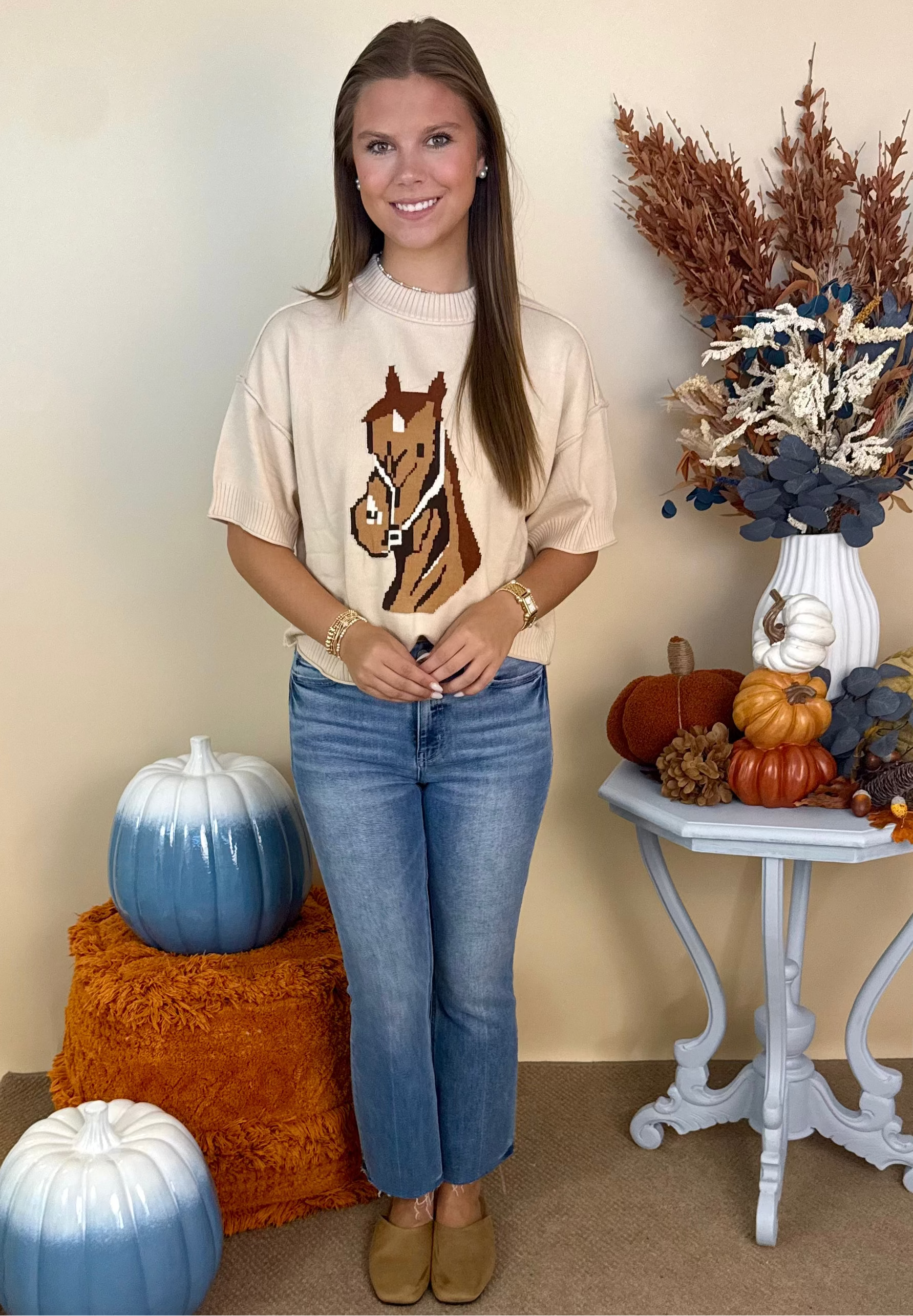 Golden Girl Beige Western Horse Crew Neck Sweater-Shop-Womens-Boutique-Clothing