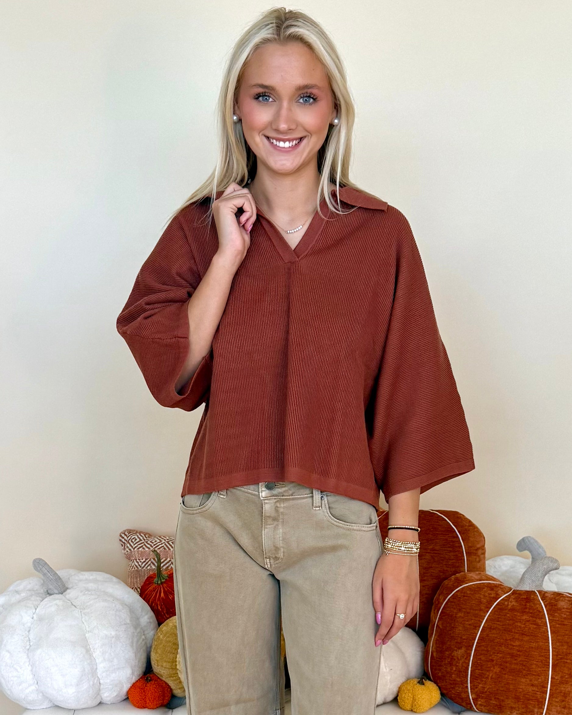 Staying Put Brown 3/4 Sleeve Collared Top-Shop-Womens-Boutique-Clothing