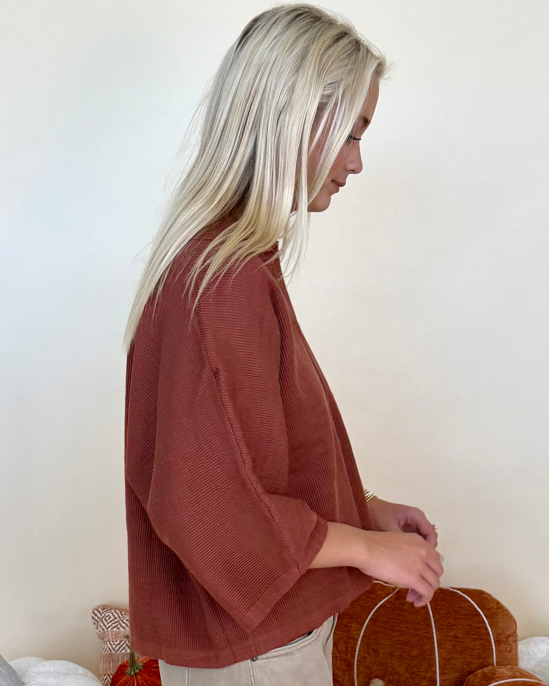 Staying Put Brown 3/4 Sleeve Collared Top-Shop-Womens-Boutique-Clothing