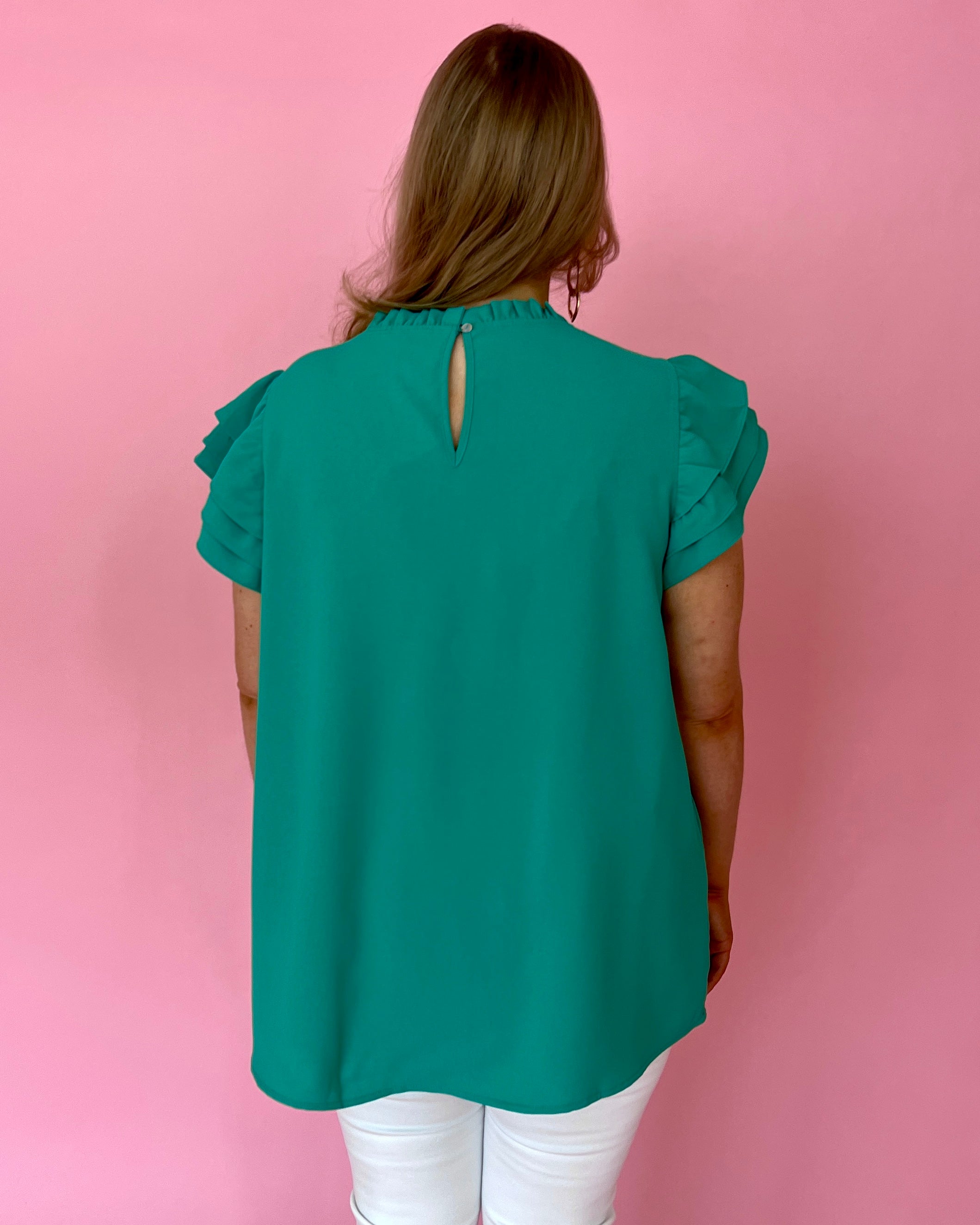 Sweet Daydreams Emerald Plus High Neck Ruffle Sleeve Top-Shop-Womens-Boutique-Clothing