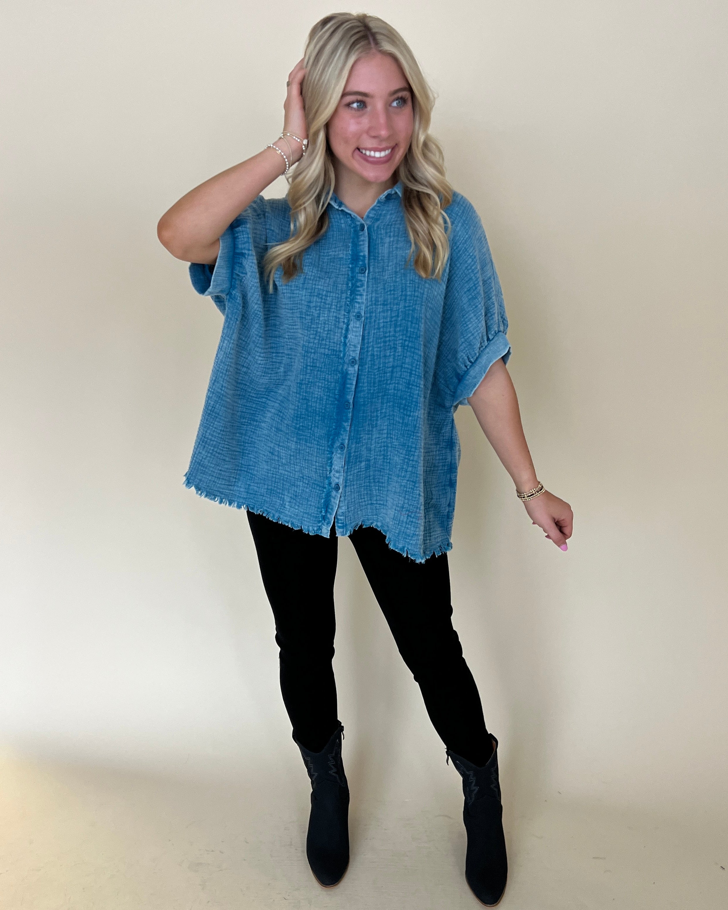 Beyond Today Teal Blue Crinkle Gauze Top-Shop-Womens-Boutique-Clothing