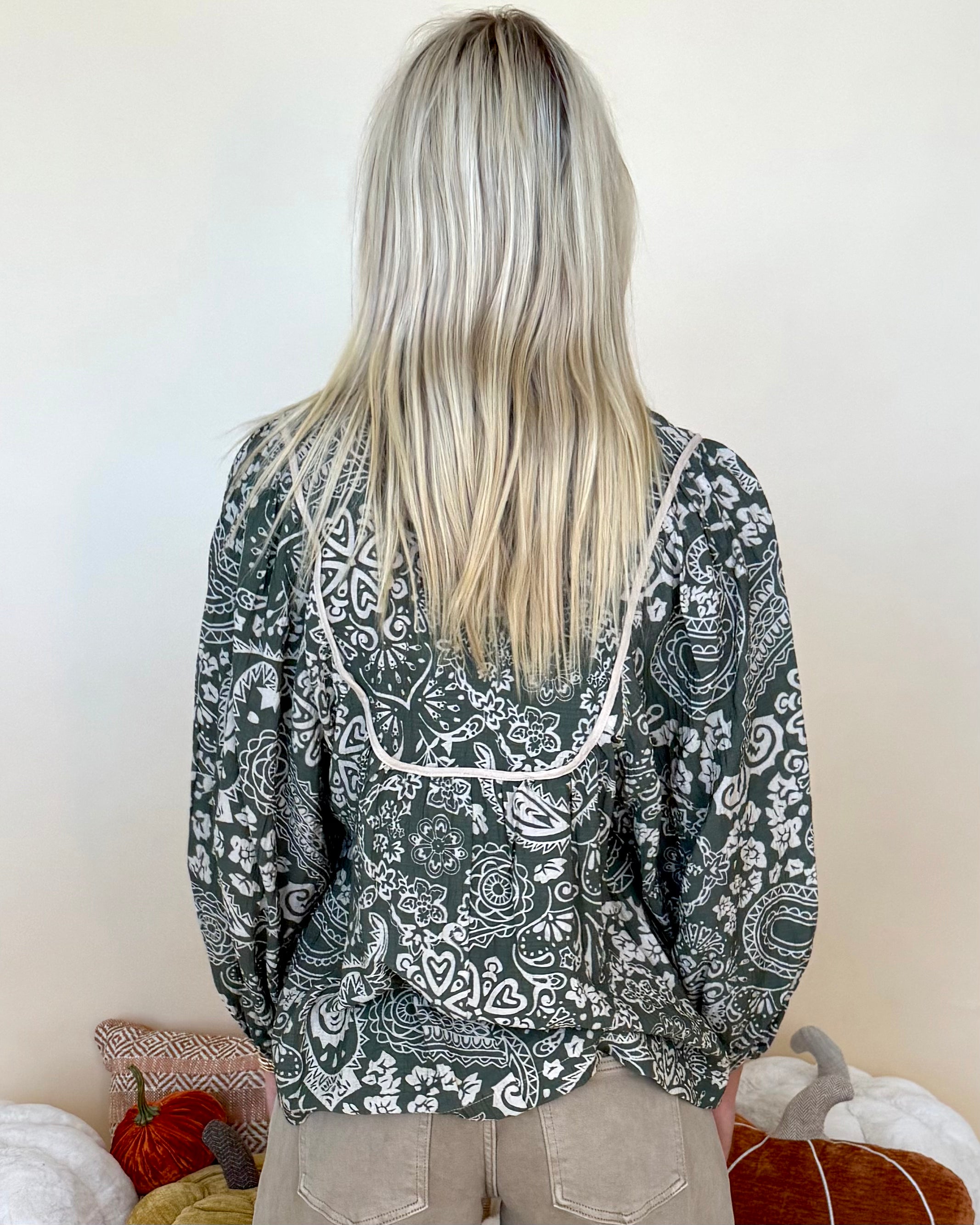 Plans Made Olive Paisley Pintuck Top-Shop-Womens-Boutique-Clothing