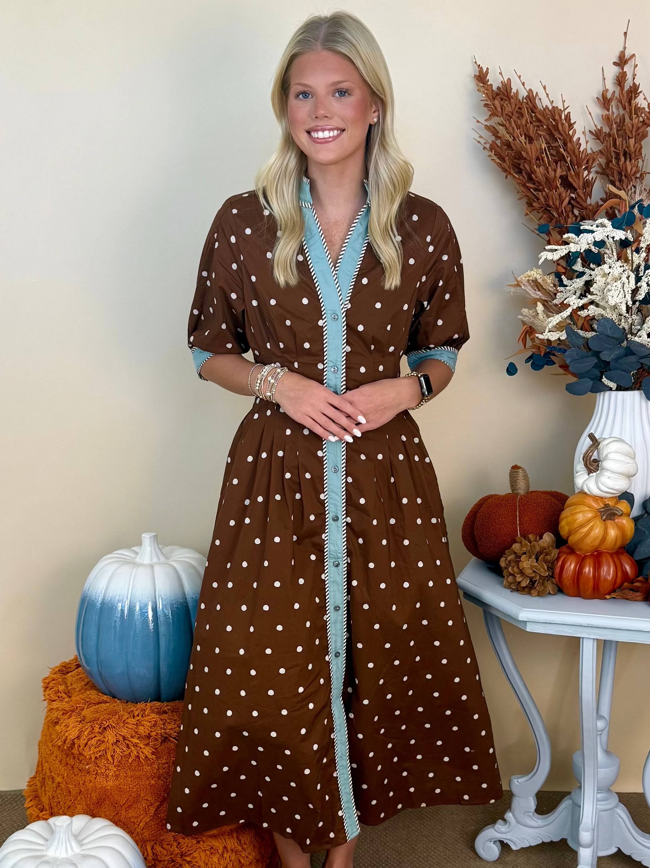 Pumpkin Picking Brown Polka Dot Midi Dress-Shop-Womens-Boutique-Clothing