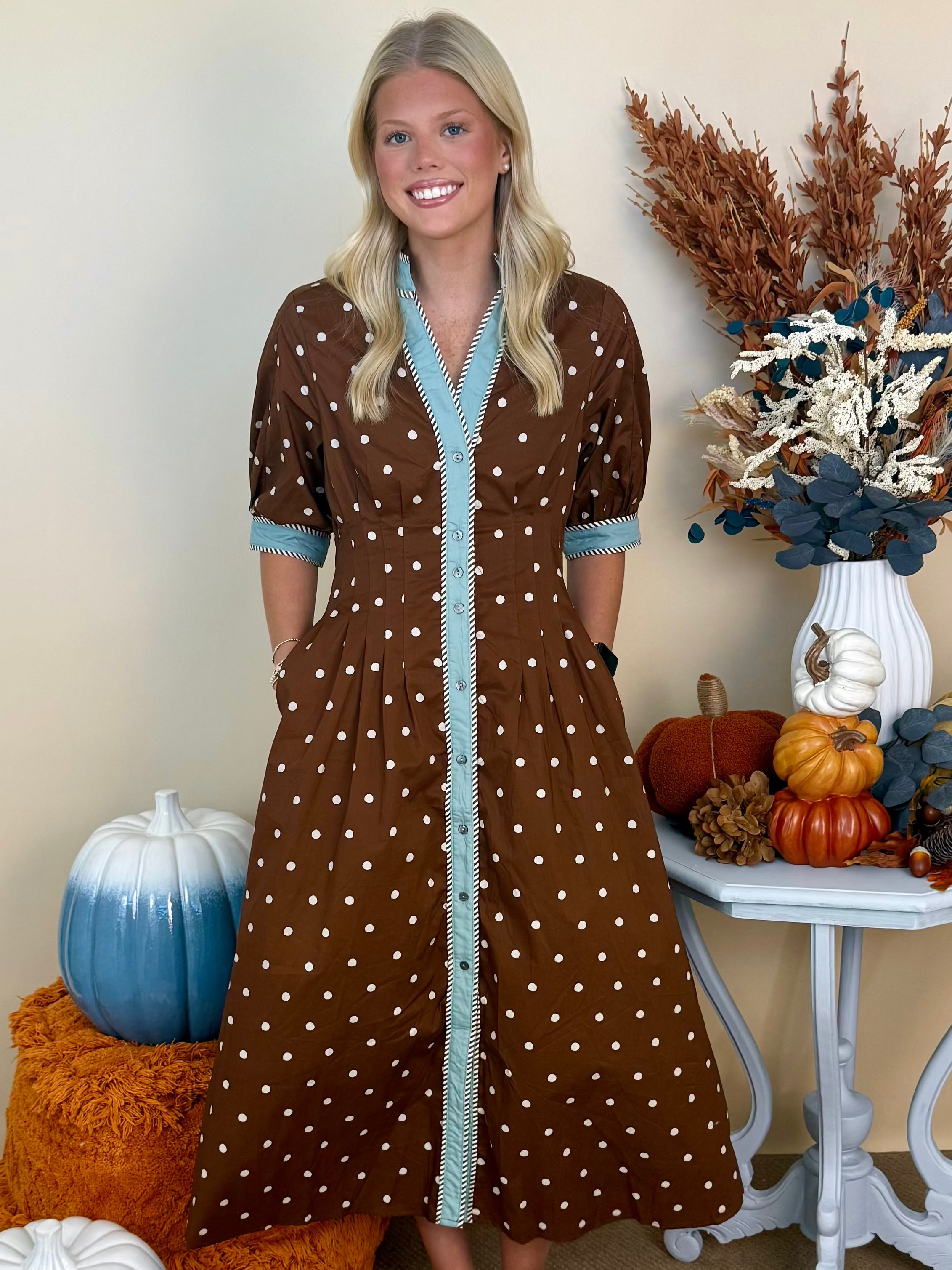 Pumpkin Picking Brown Polka Dot Midi Dress-Shop-Womens-Boutique-Clothing