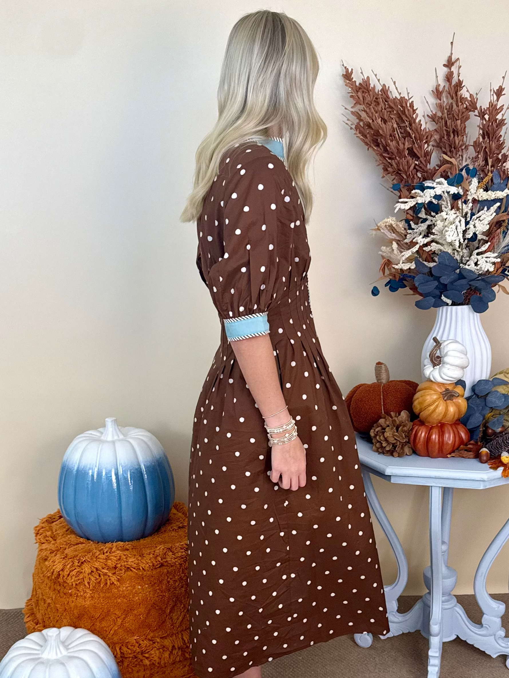 Pumpkin Picking Brown Polka Dot Midi Dress-Shop-Womens-Boutique-Clothing