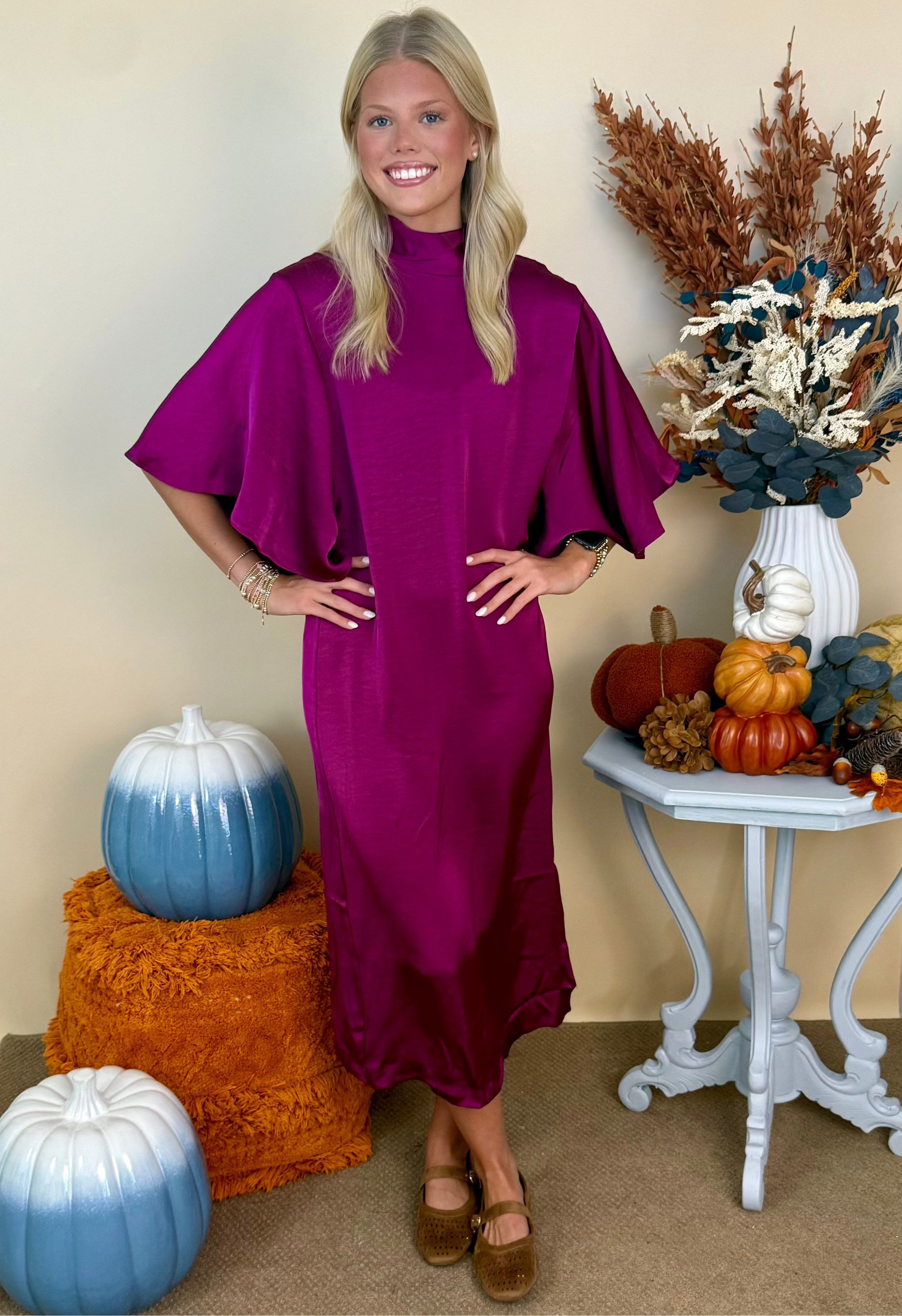 Well Chosen Plum Flowy Satin Bow Back Midi Dress-Shop-Womens-Boutique-Clothing