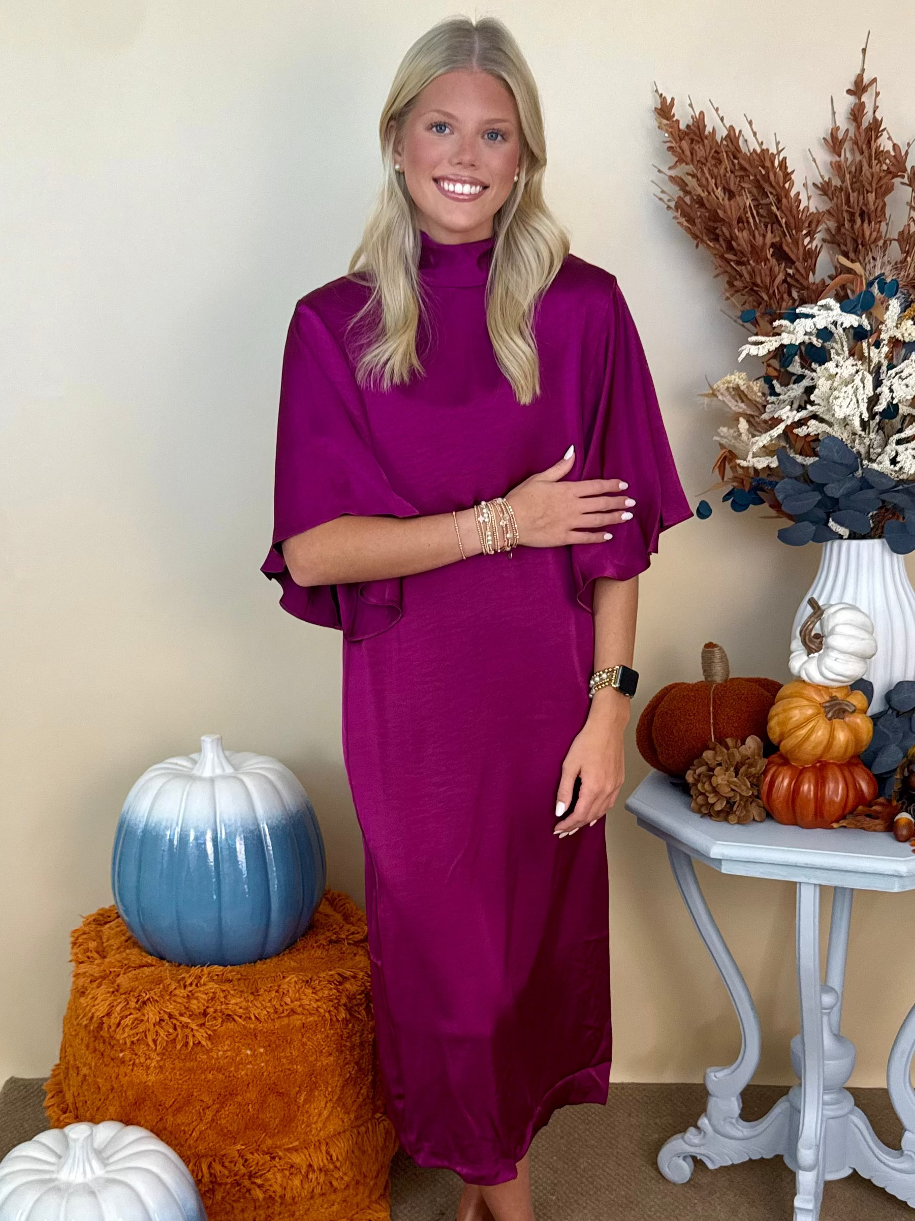Well Chosen Plum Flowy Satin Bow Back Midi Dress-Shop-Womens-Boutique-Clothing