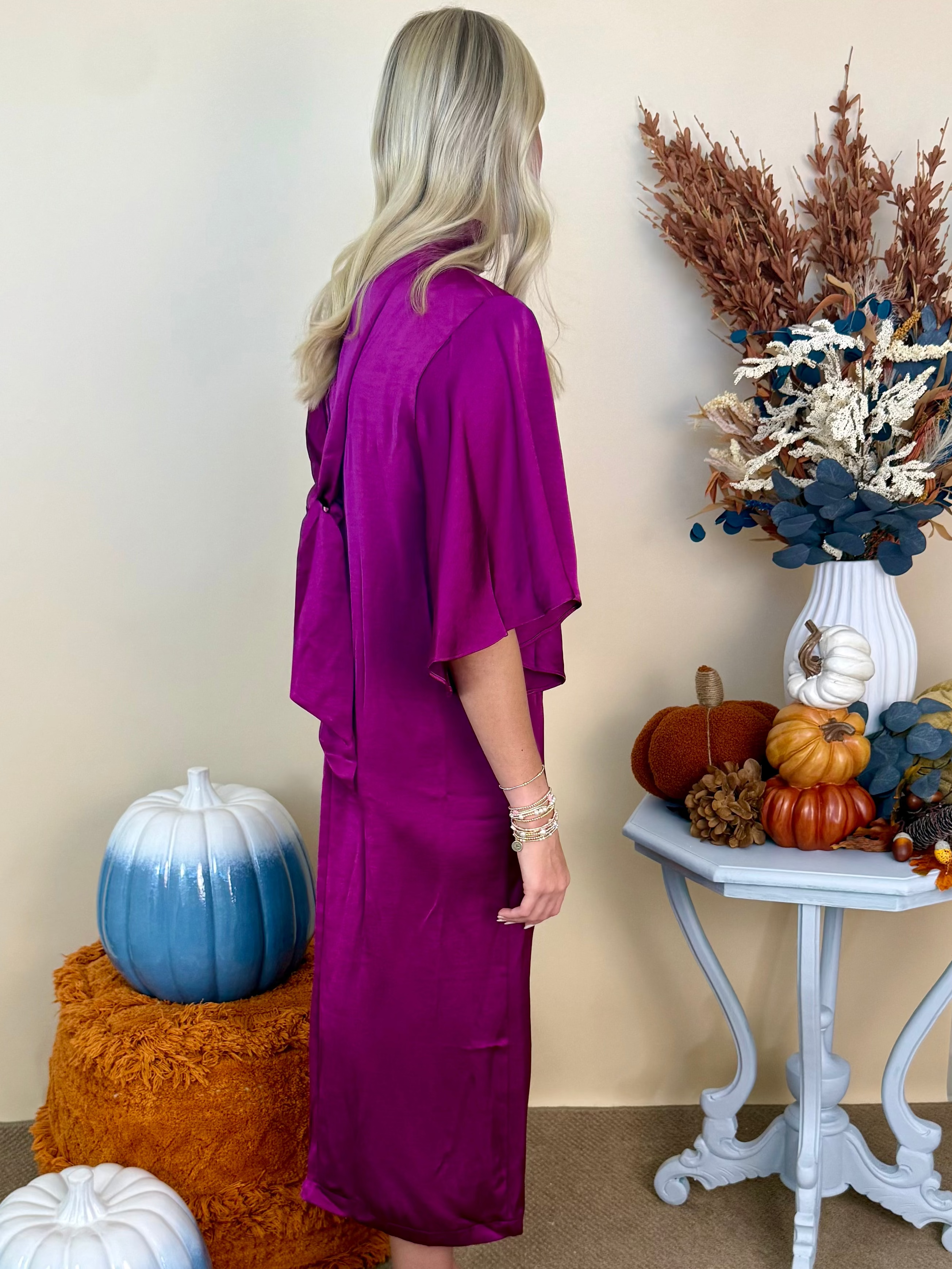 Well Chosen Plum Flowy Satin Bow Back Midi Dress-Shop-Womens-Boutique-Clothing
