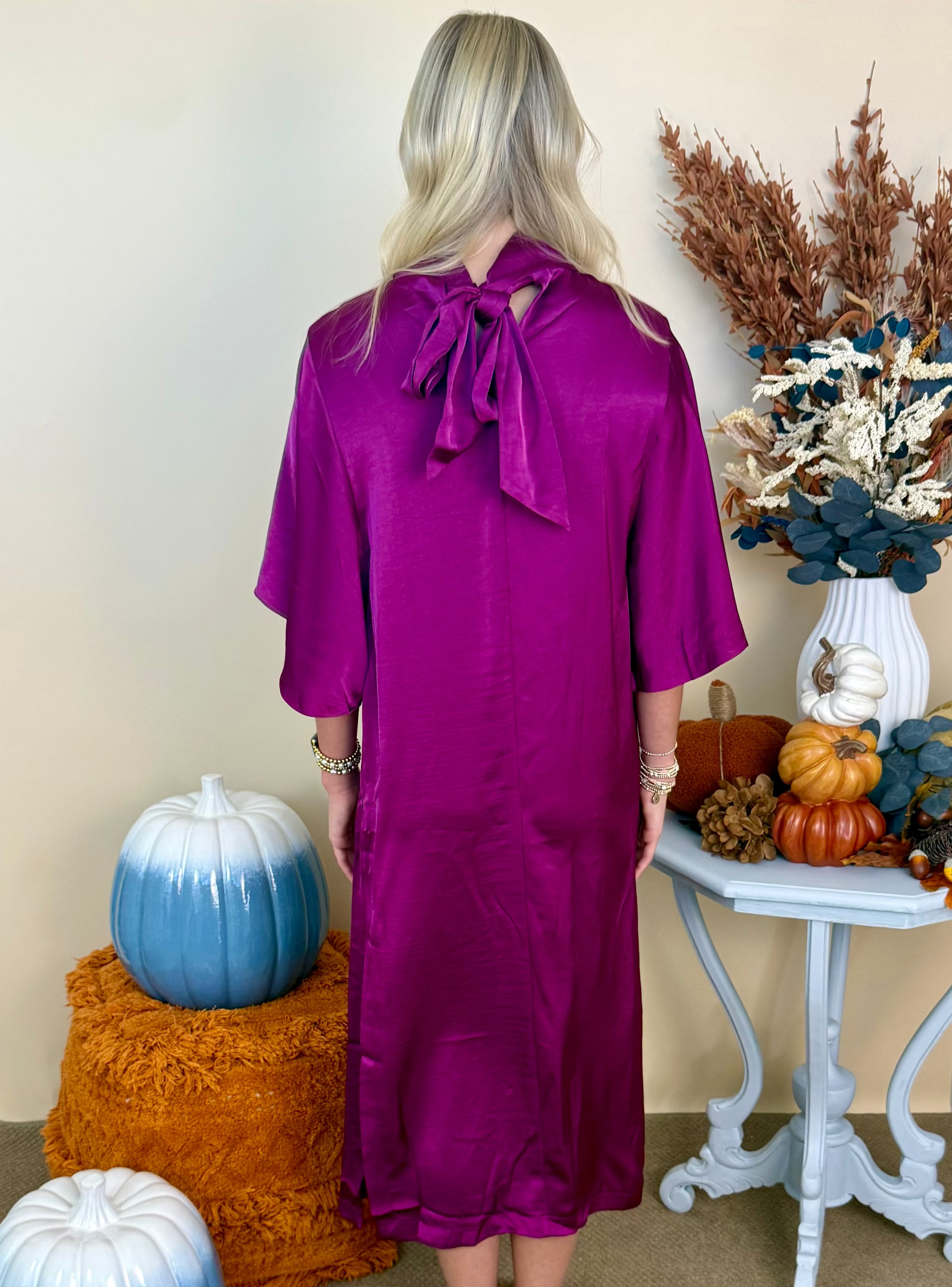 Well Chosen Plum Flowy Satin Bow Back Midi Dress-Shop-Womens-Boutique-Clothing