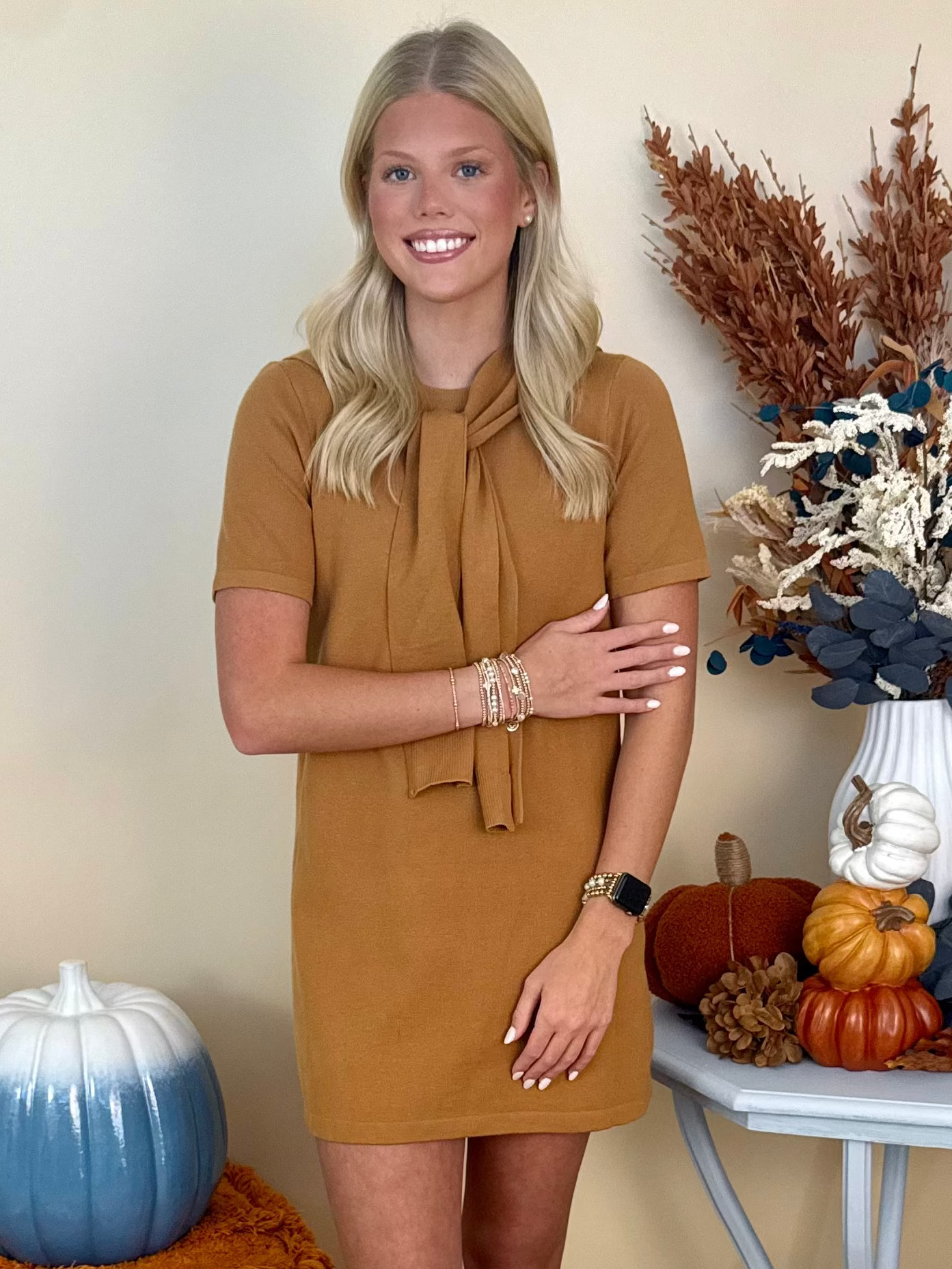 Purely Charming Camel Scarf Detail Sweater Dress-Shop-Womens-Boutique-Clothing