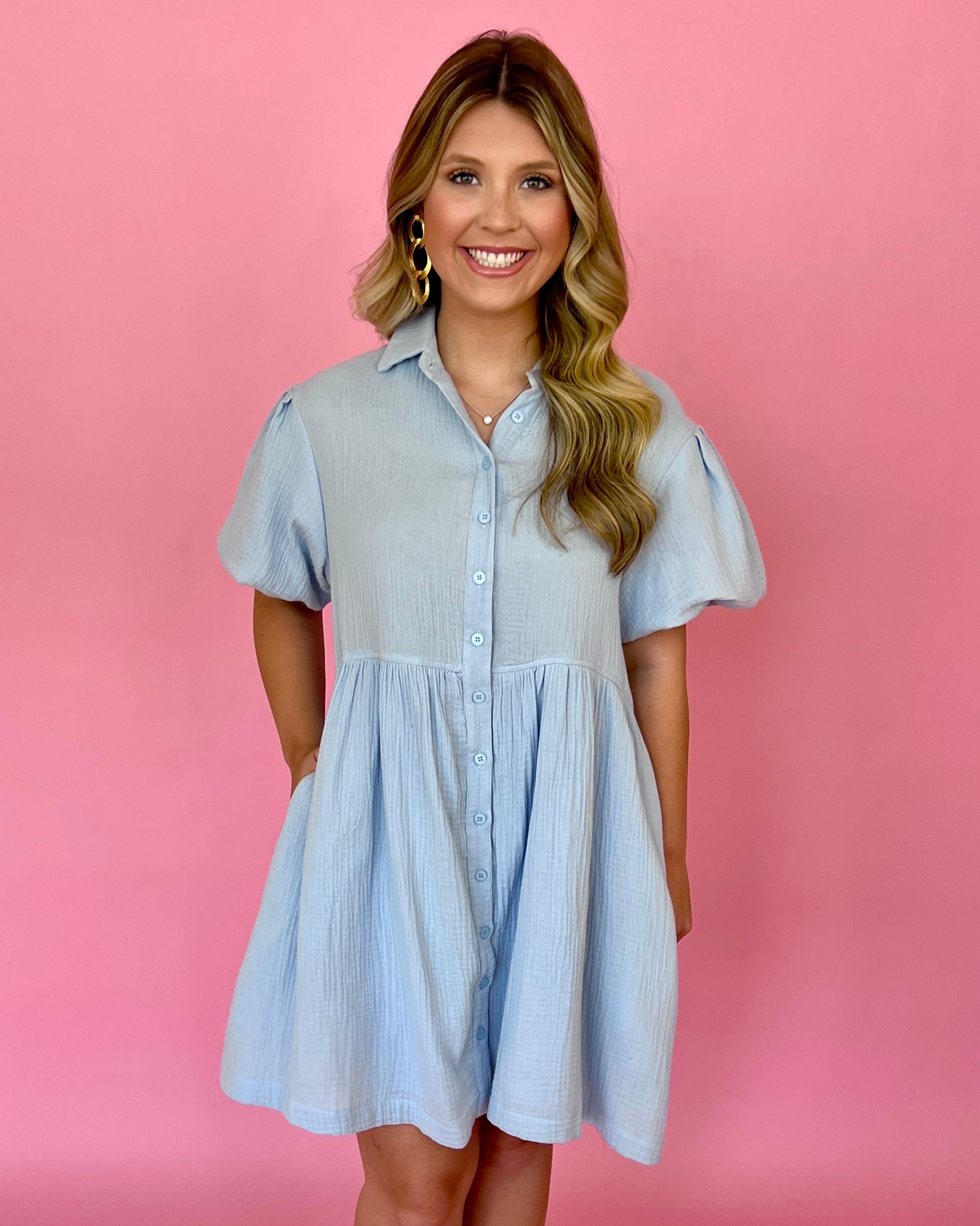 Second To None Sky Blue Collared Puff Sleeve Dress-Shop-Womens-Boutique-Clothing