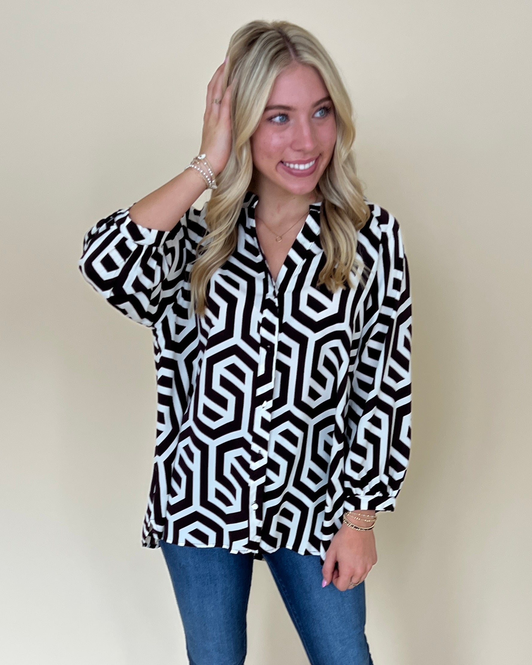 Plain Sight Choco Geometric Print Top-Shop-Womens-Boutique-Clothing