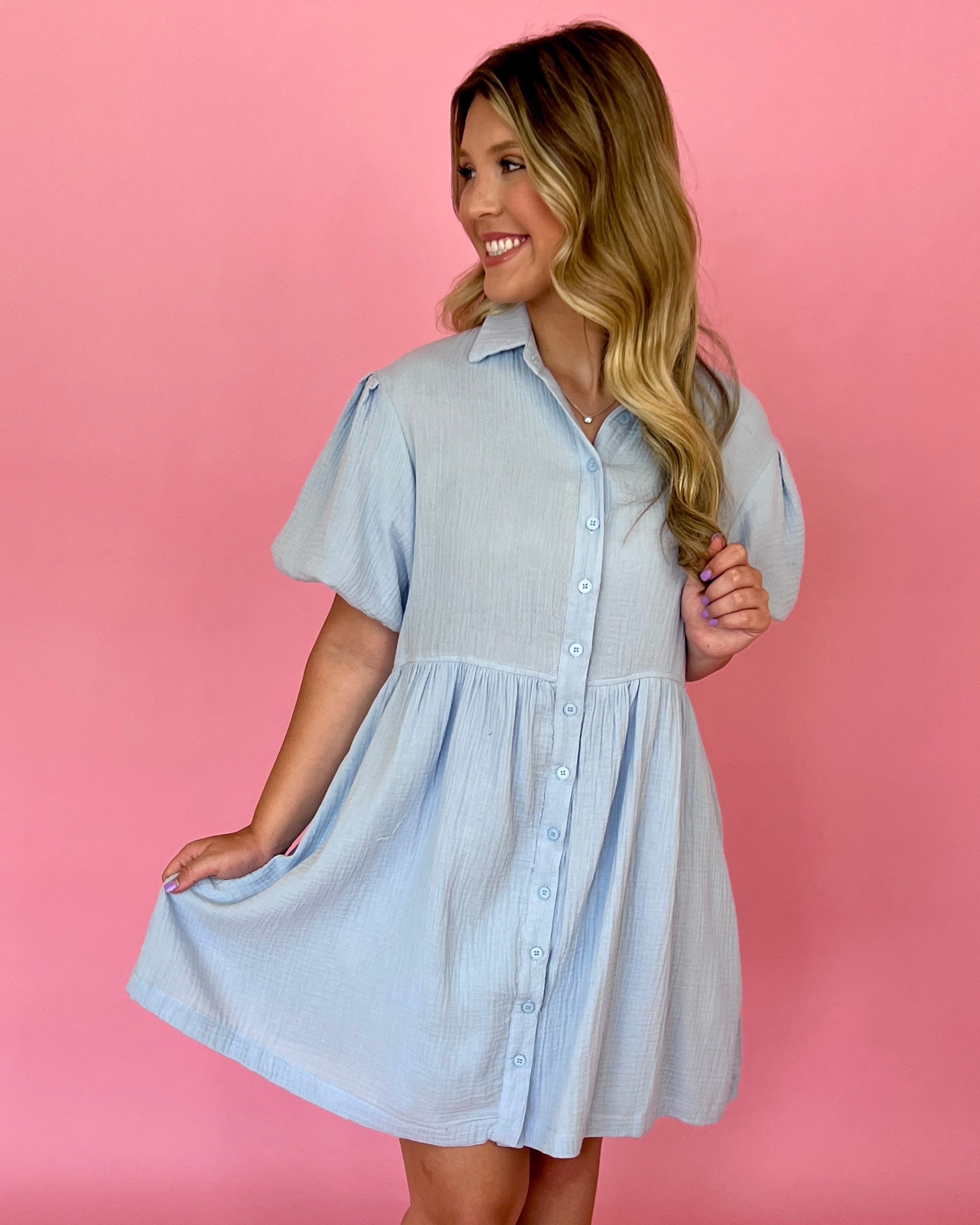 Second To None Sky Blue Collared Puff Sleeve Dress-Shop-Womens-Boutique-Clothing