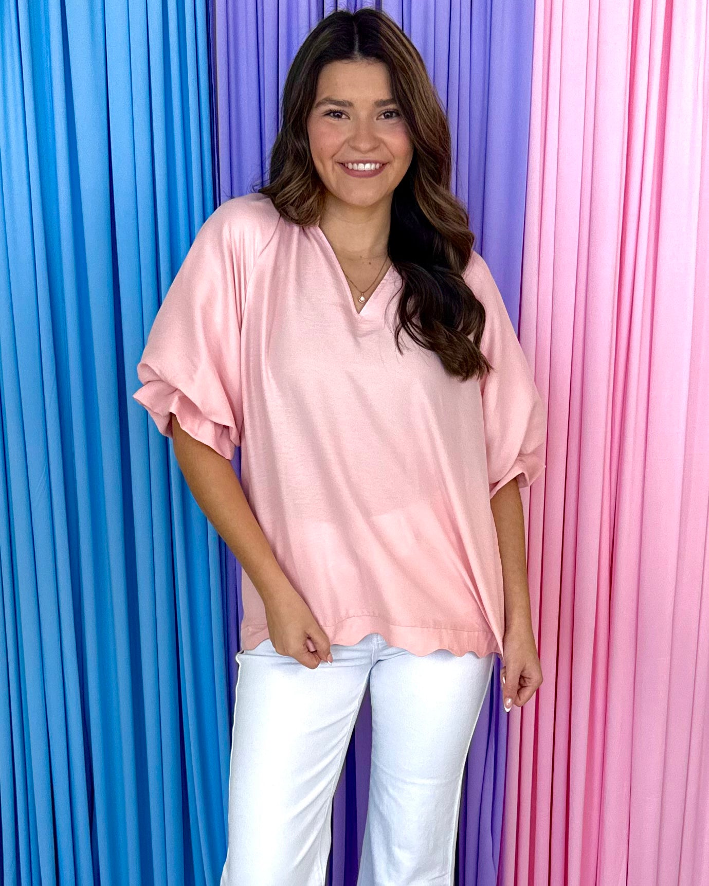 For The Good Times Blush Scalloped V-Neck Top-Shop-Womens-Boutique-Clothing