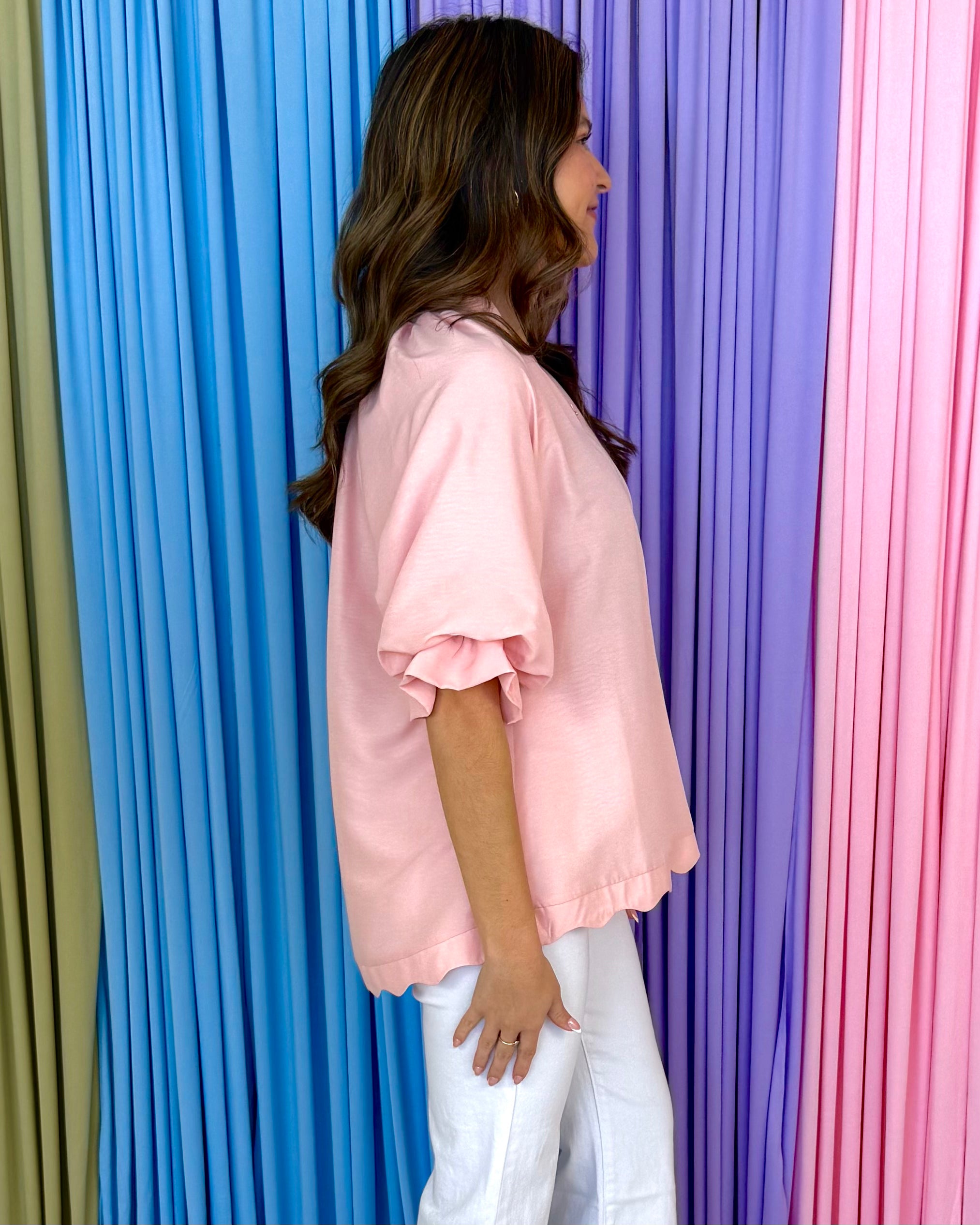 For The Good Times Blush Scalloped V-Neck Top-Shop-Womens-Boutique-Clothing