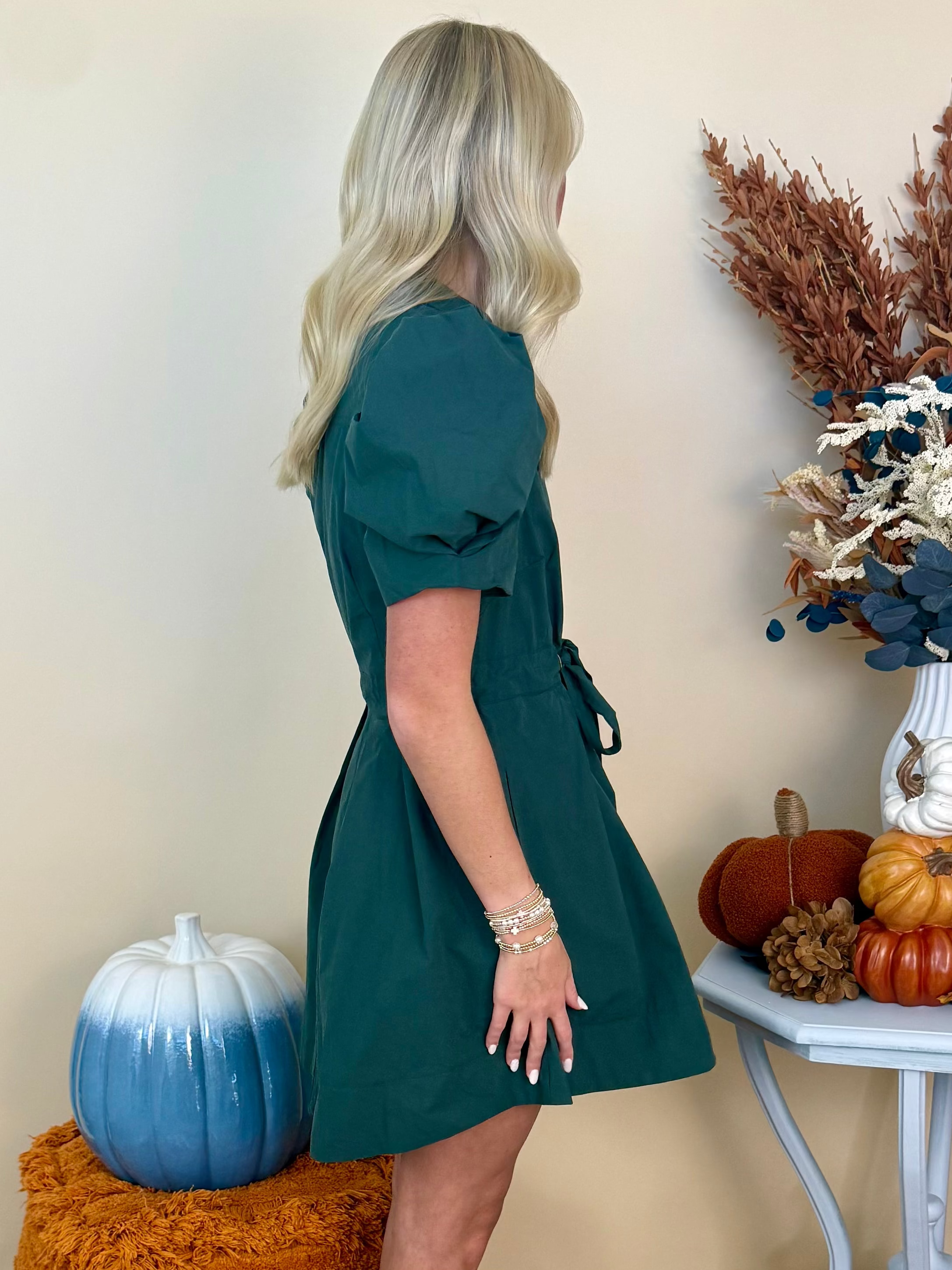 Fall Reverie H Green Tie Waist Dress-Shop-Womens-Boutique-Clothing