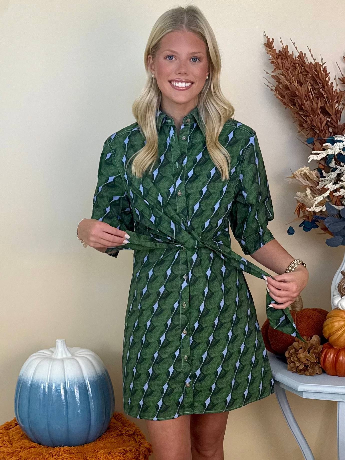 Sweet Harmony Olive Print 3/4 Sleeve Belted Dress-Shop-Womens-Boutique-Clothing
