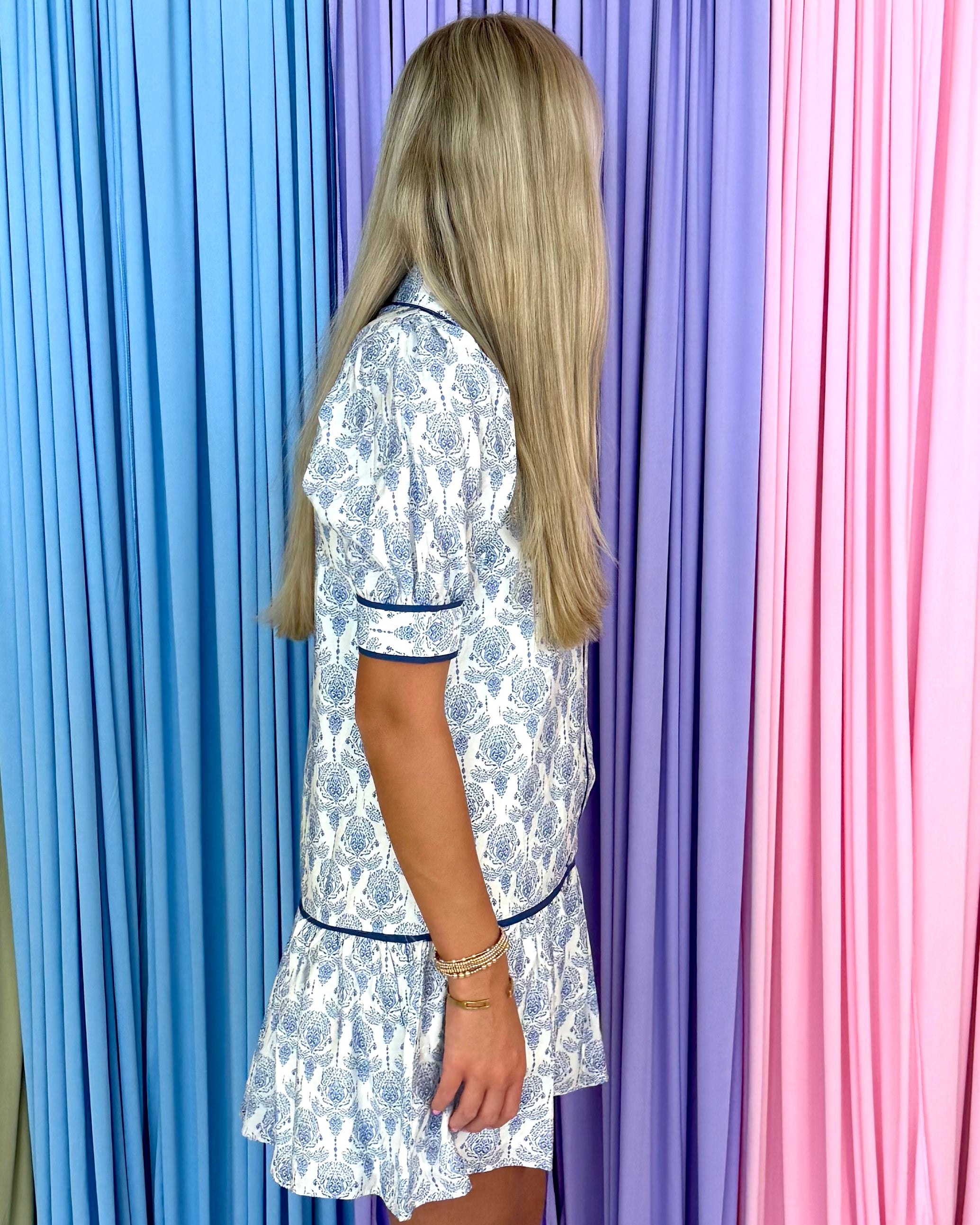 Good Idea Blue Print Button Piping Dress-Shop-Womens-Boutique-Clothing