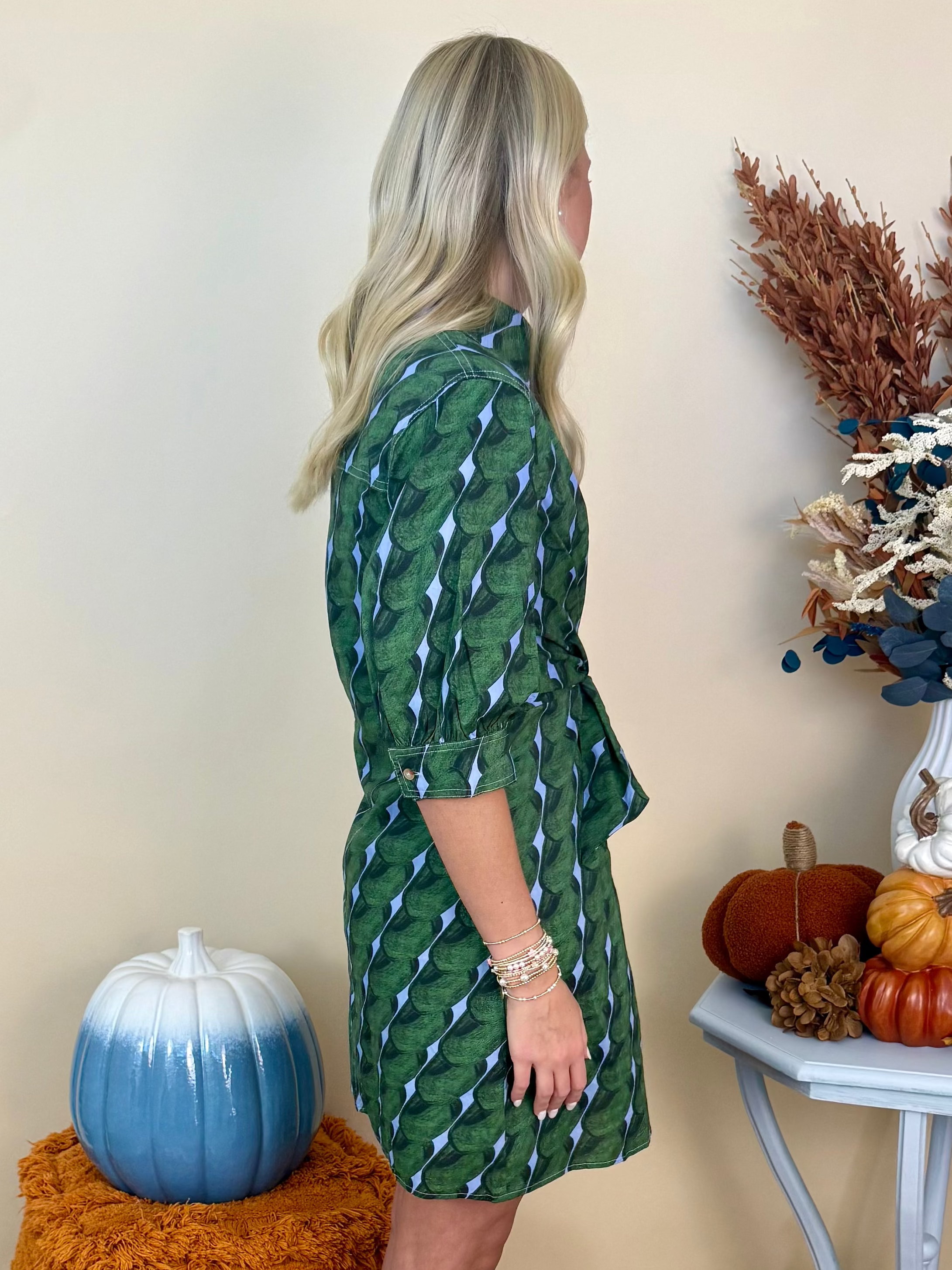 Sweet Harmony Olive Print 3/4 Sleeve Belted Dress-Shop-Womens-Boutique-Clothing