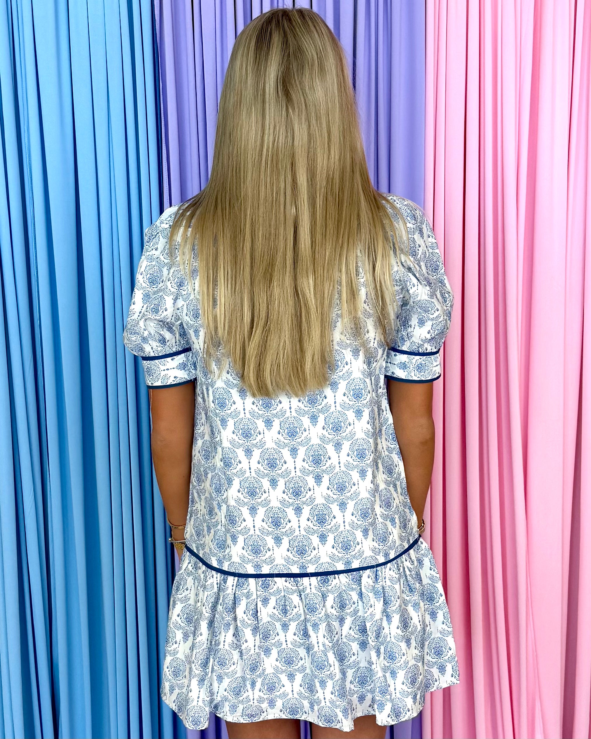 Good Idea Blue Print Button Piping Dress-Shop-Womens-Boutique-Clothing