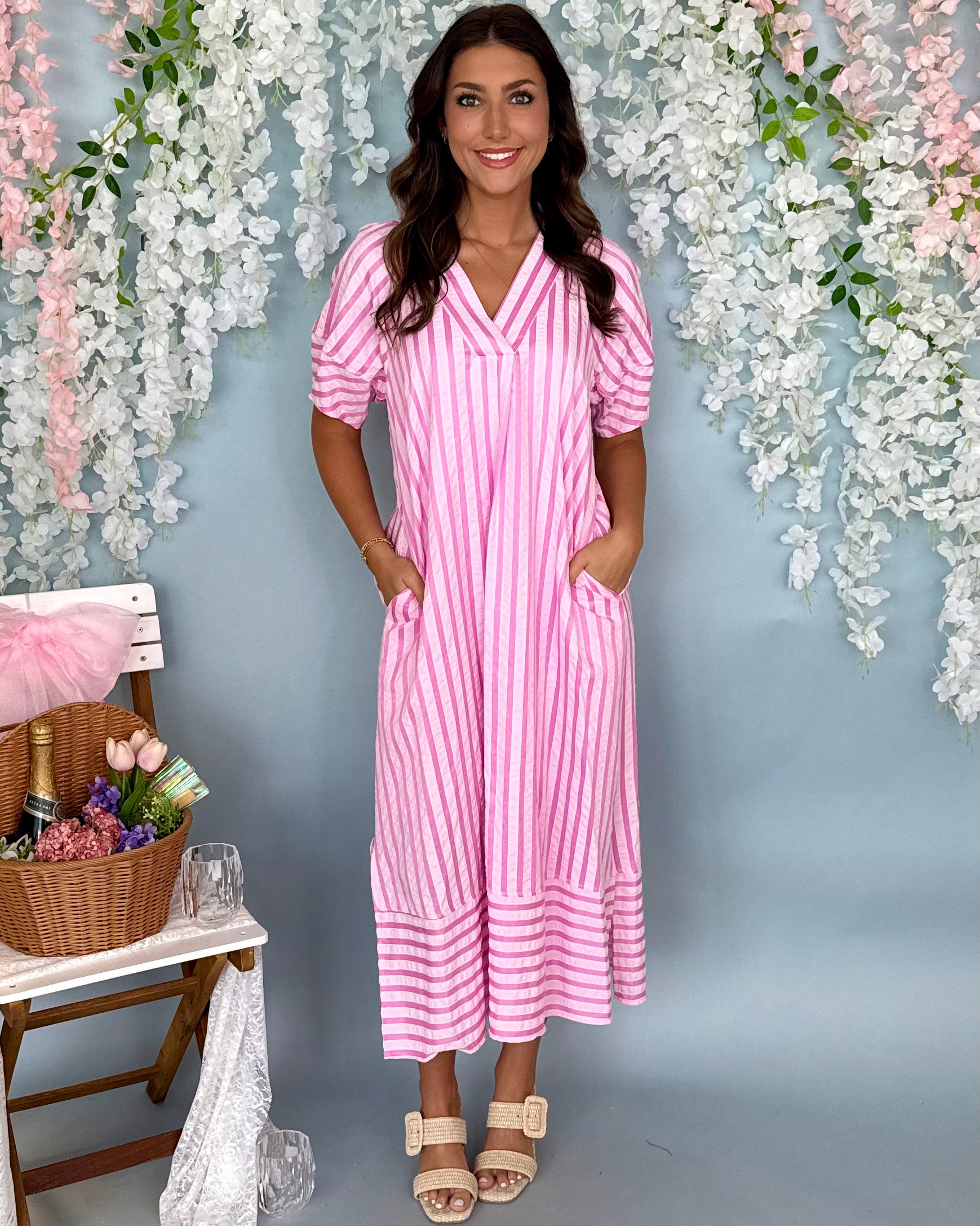 Seeing Double Pink Stripe Seersucker Midi Dress-Shop-Womens-Boutique-Clothing