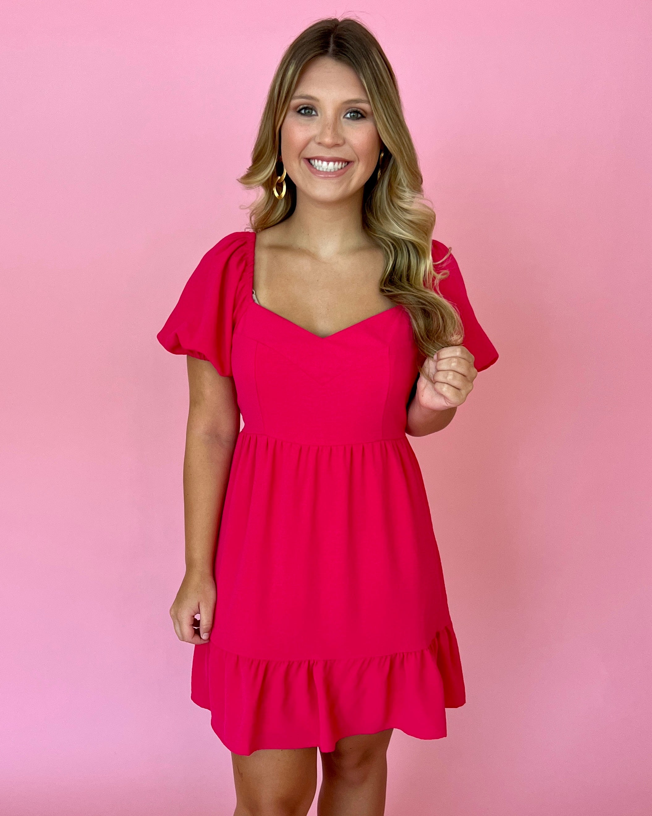 Joyful Smiles Fuchsia Puff Sleeve Dress-Shop-Womens-Boutique-Clothing