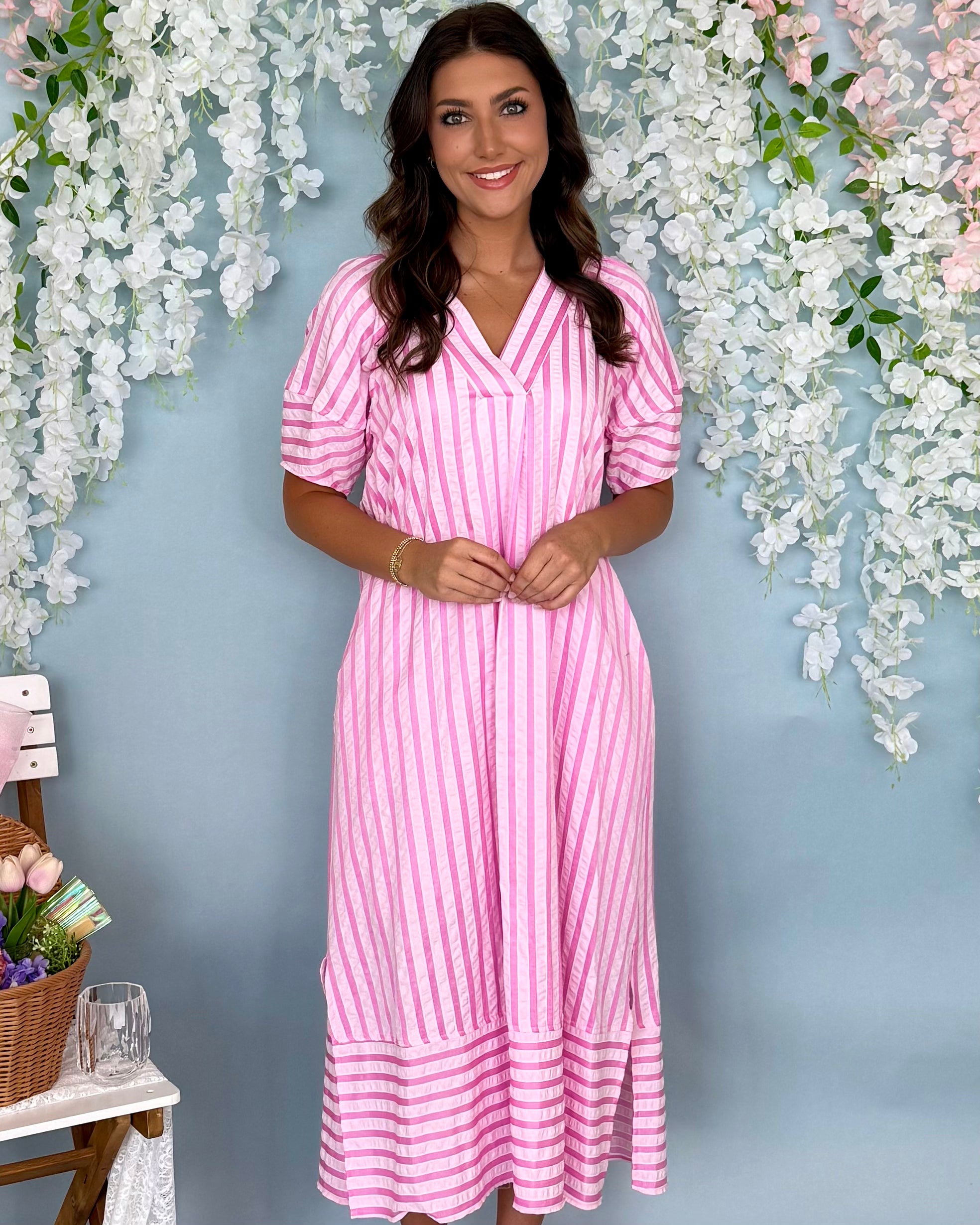 Seeing Double Pink Stripe Seersucker Midi Dress-Shop-Womens-Boutique-Clothing