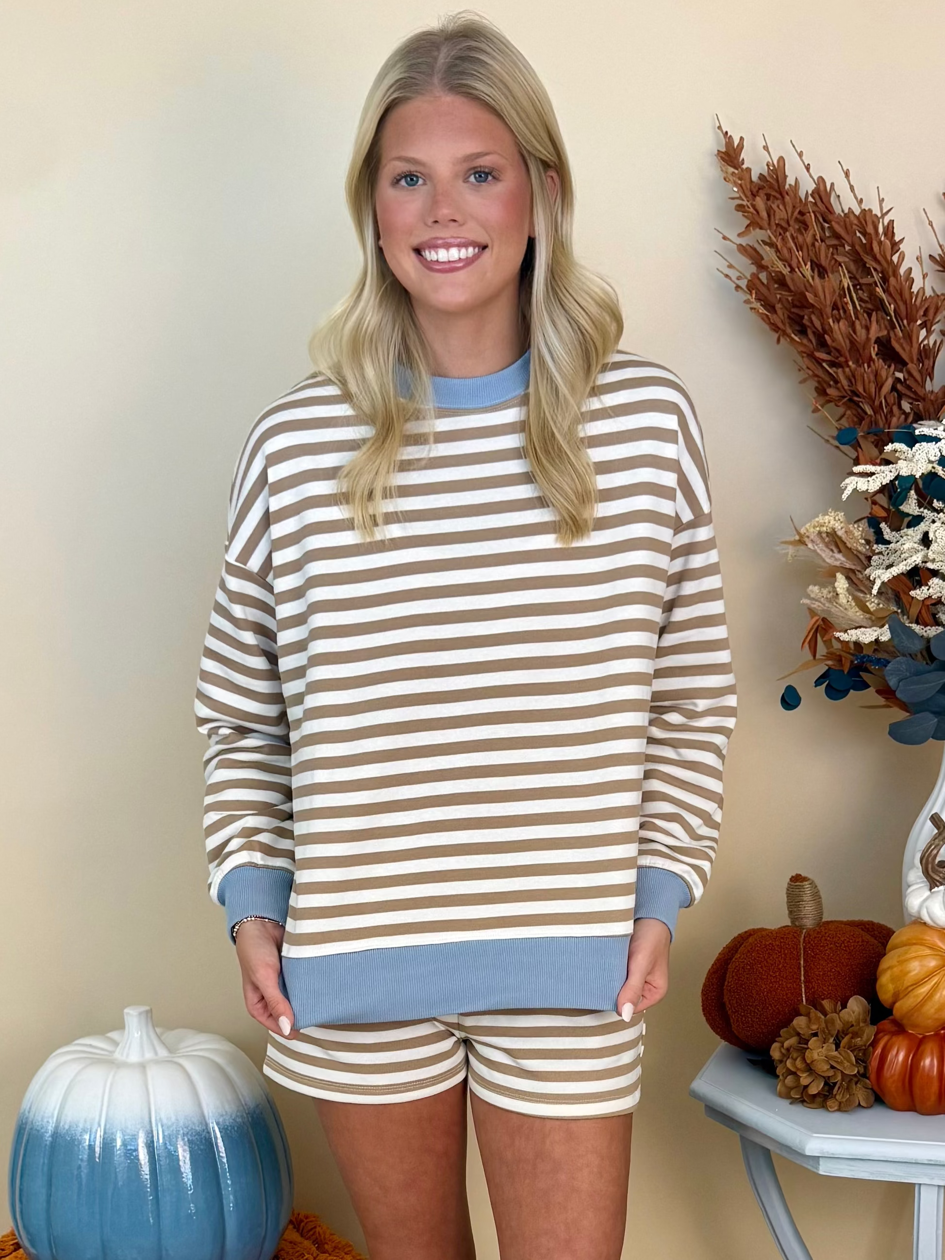 Uptown Weekend Khaki Multi Striped Boxy Top and Shorts Set-Shop-Womens-Boutique-Clothing