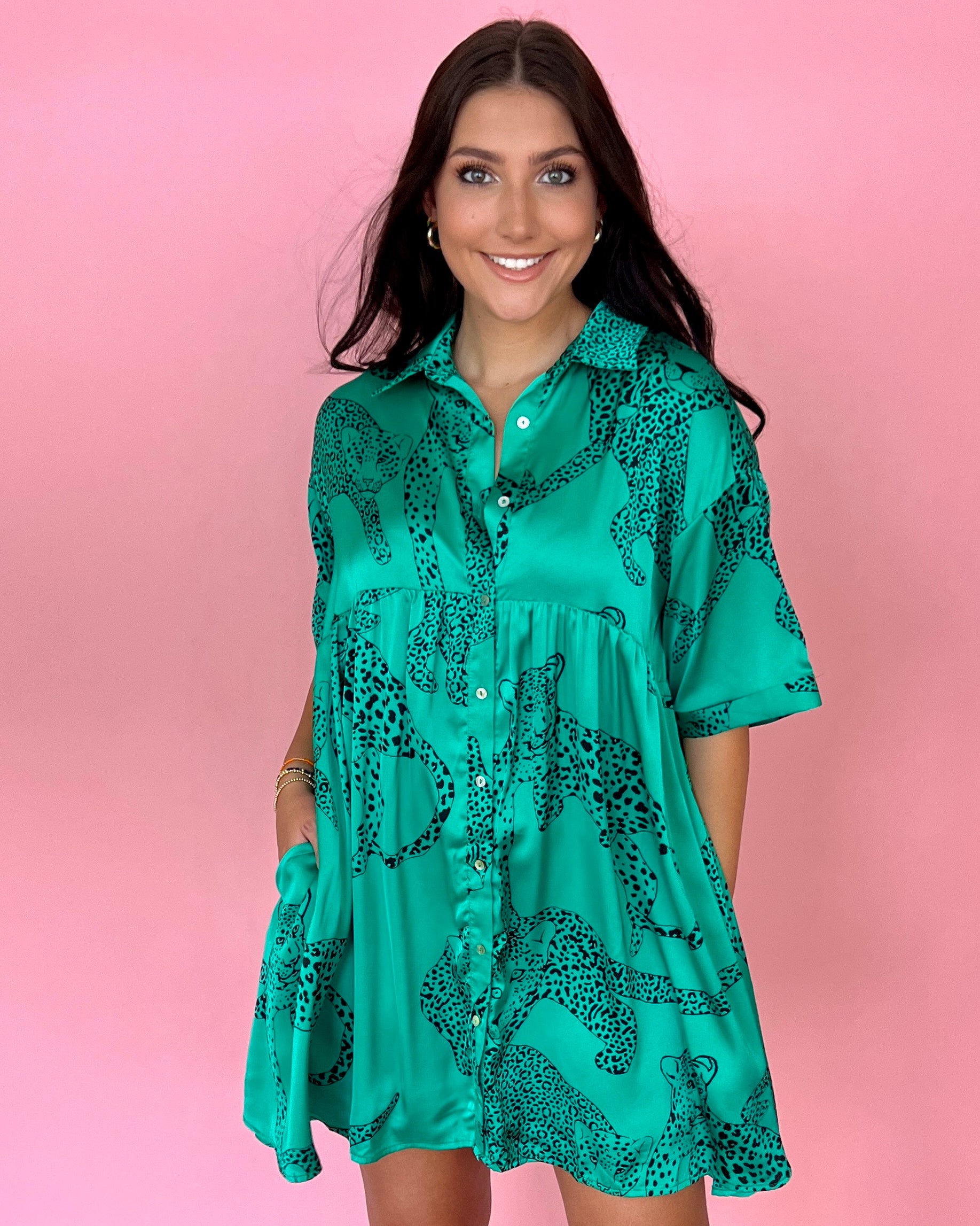 Another Reason Green Satin Cheetah Print Dress-Shop-Womens-Boutique-Clothing
