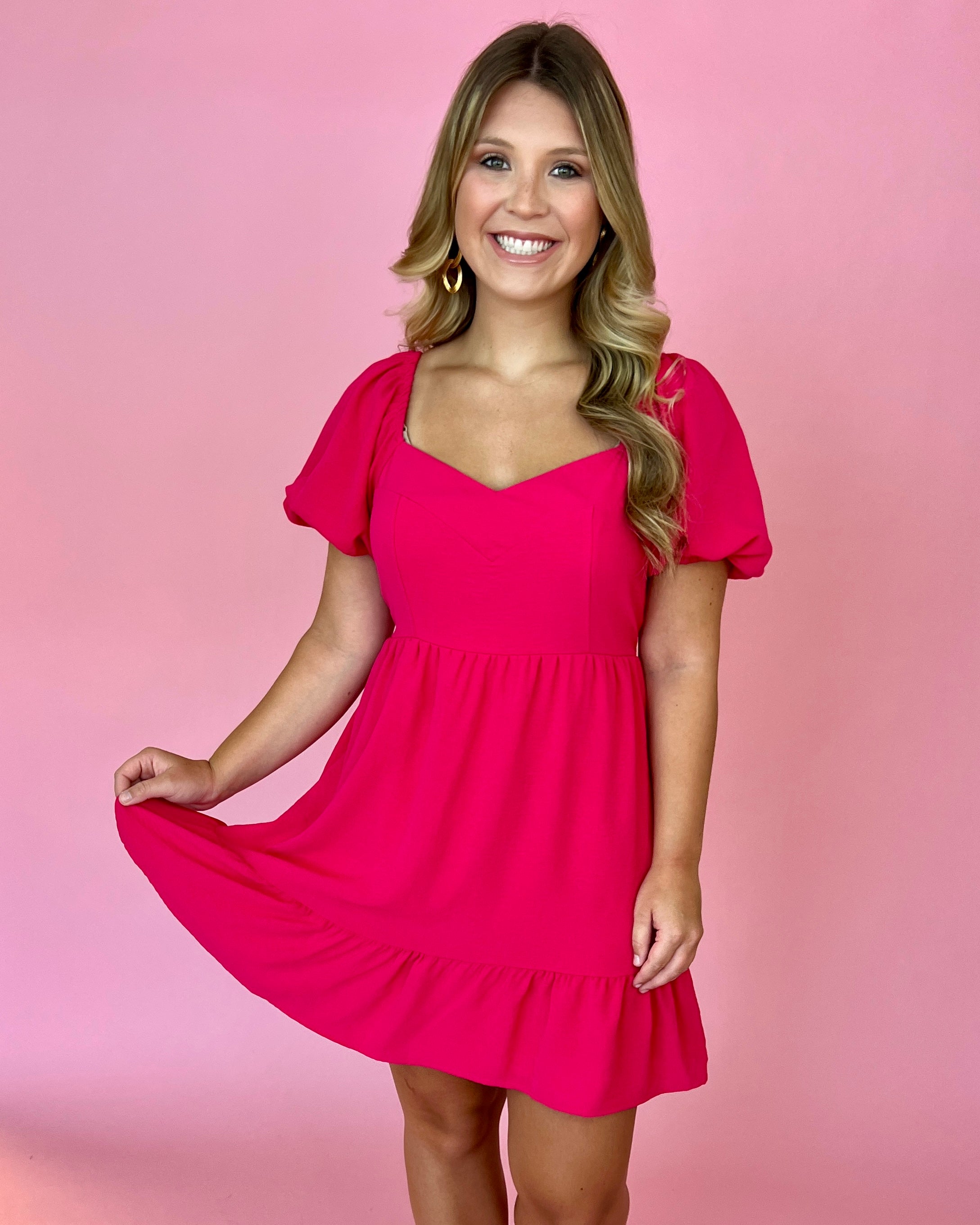 Joyful Smiles Fuchsia Puff Sleeve Dress-Shop-Womens-Boutique-Clothing