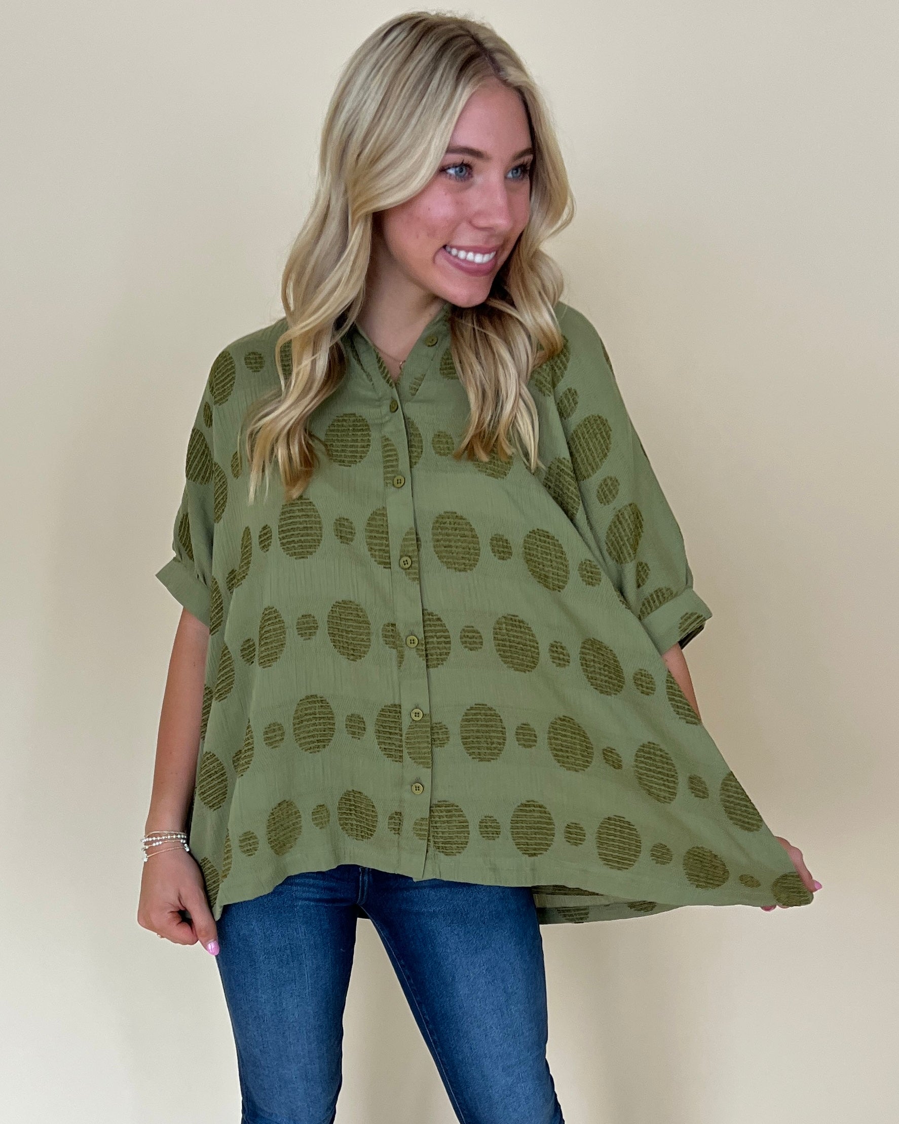 I Need You Olive Green Textured Dot Collared Top-Shop-Womens-Boutique-Clothing