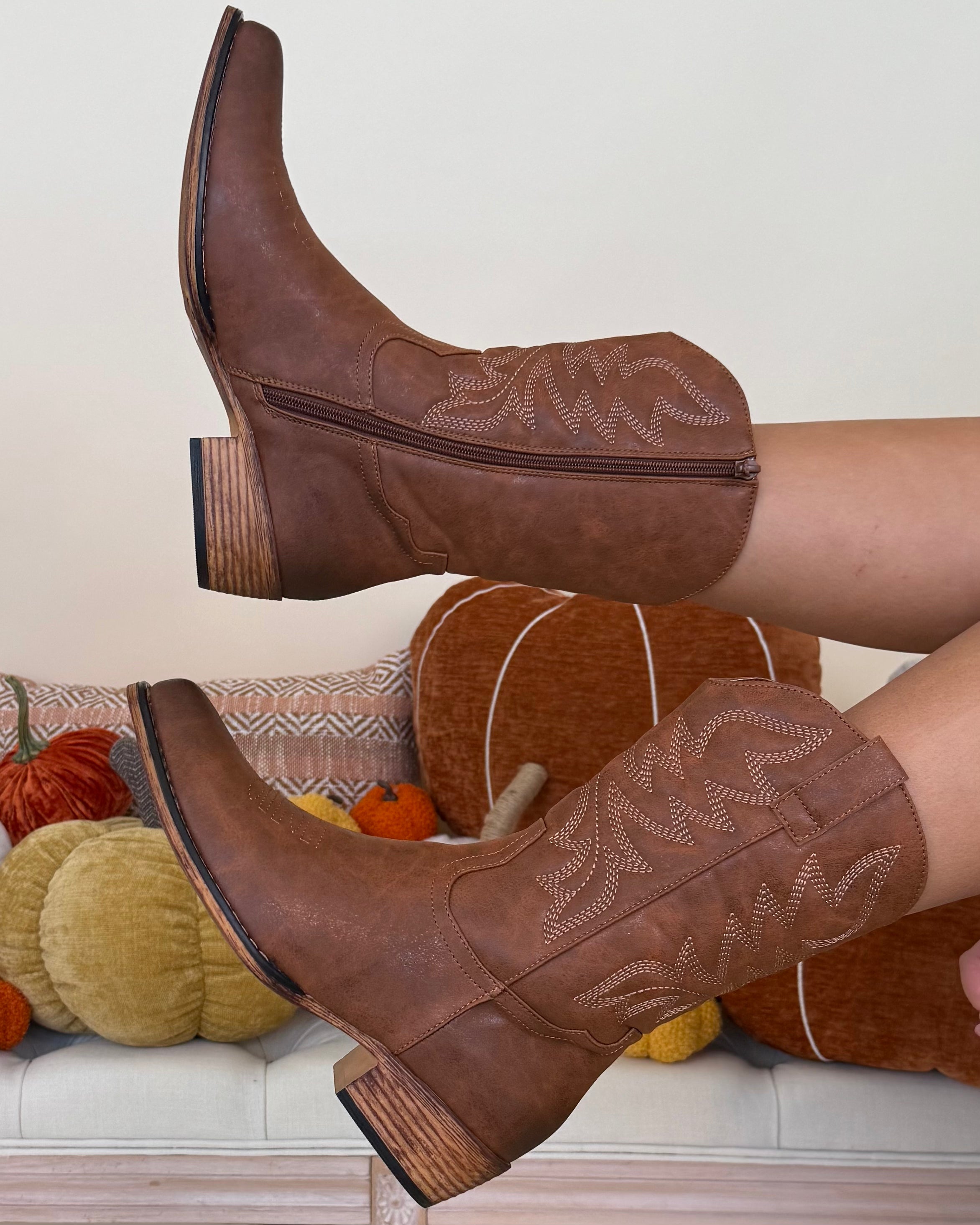 Alice Whiskey Mid Calf Zip Up Cowgirl Boots-Shop-Womens-Boutique-Clothing