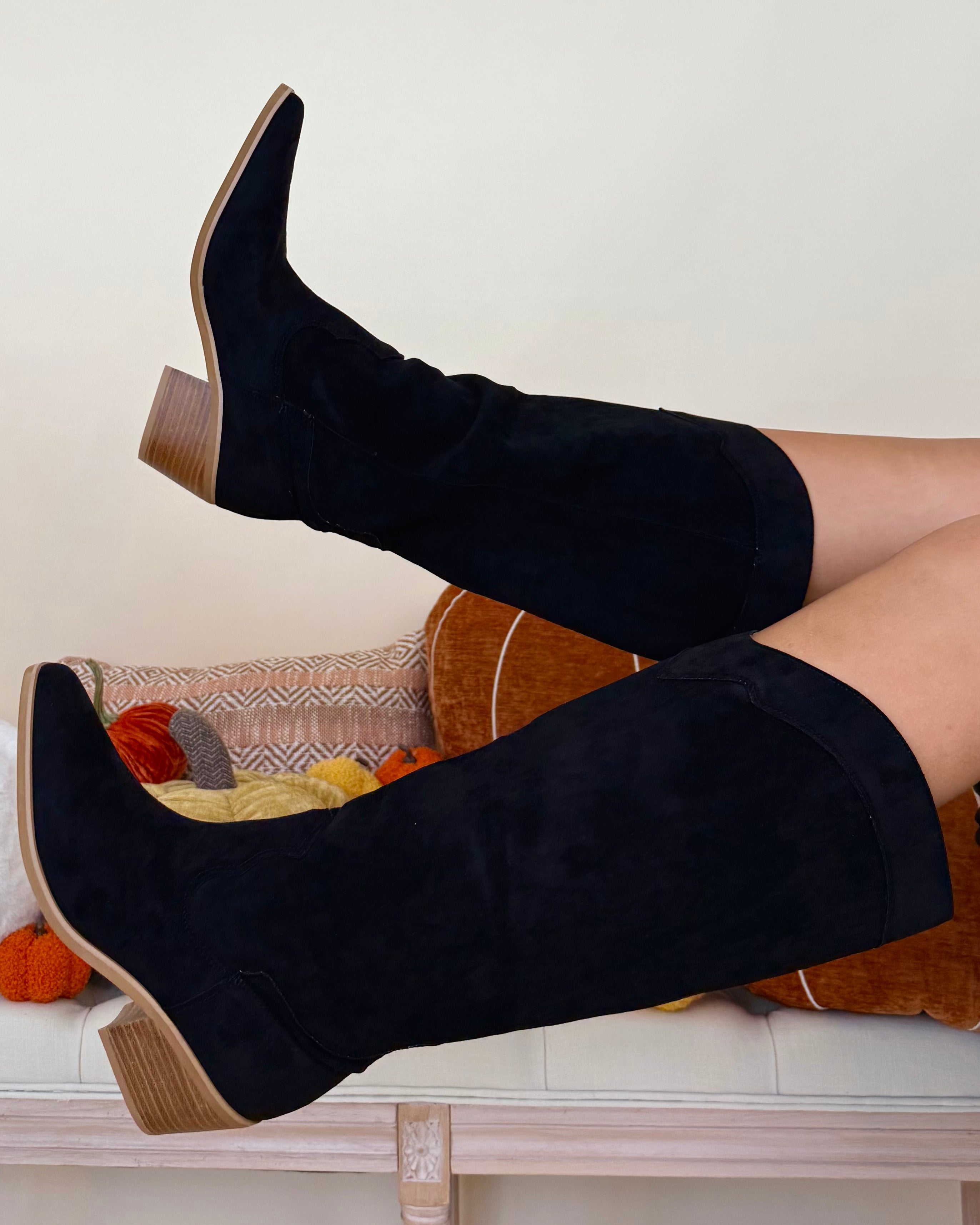 Kasey Black Suede Knee High Western Boots-Shop-Womens-Boutique-Clothing