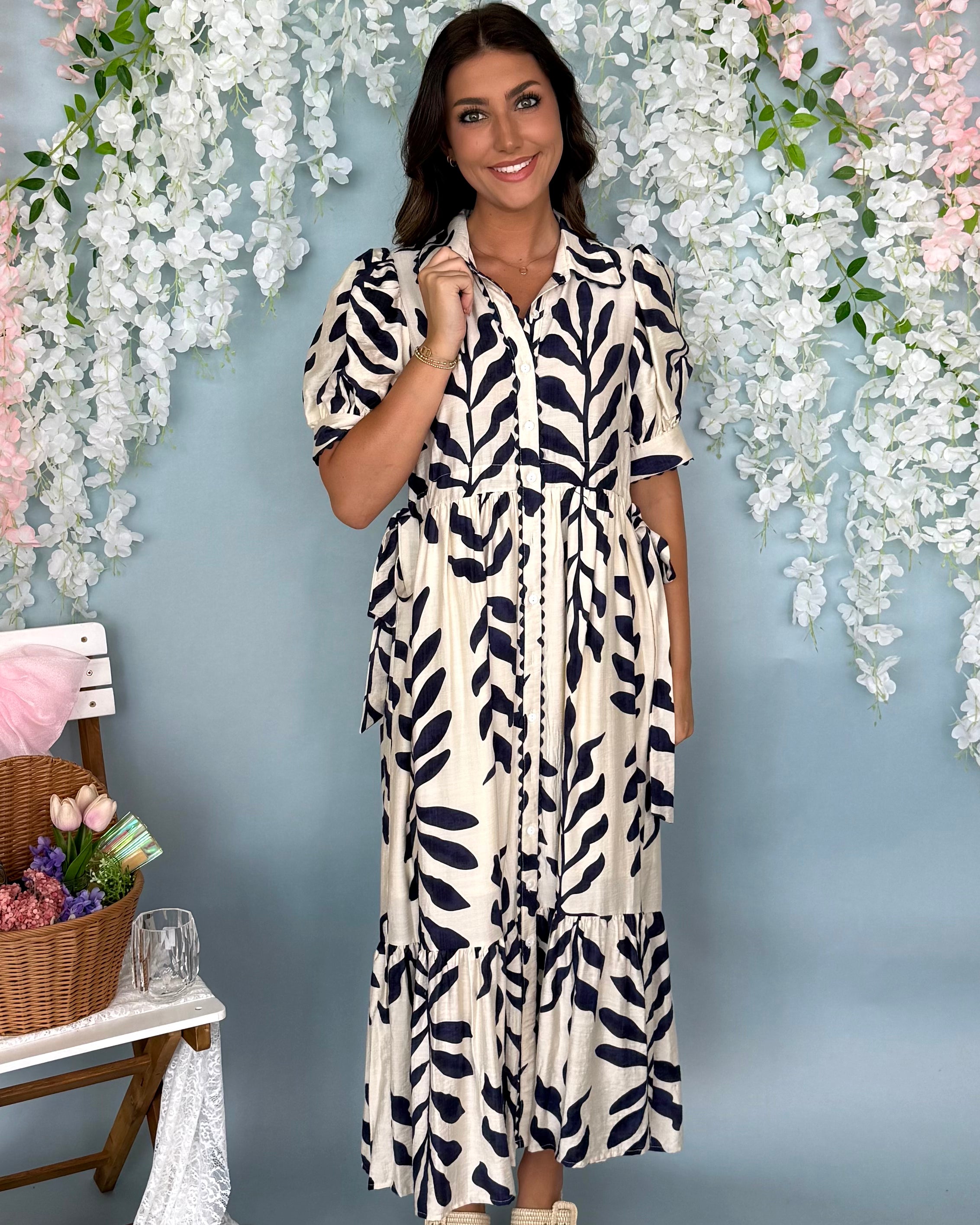 Sunny Blooms Navy Botanical Tie Midi Dress-Shop-Womens-Boutique-Clothing