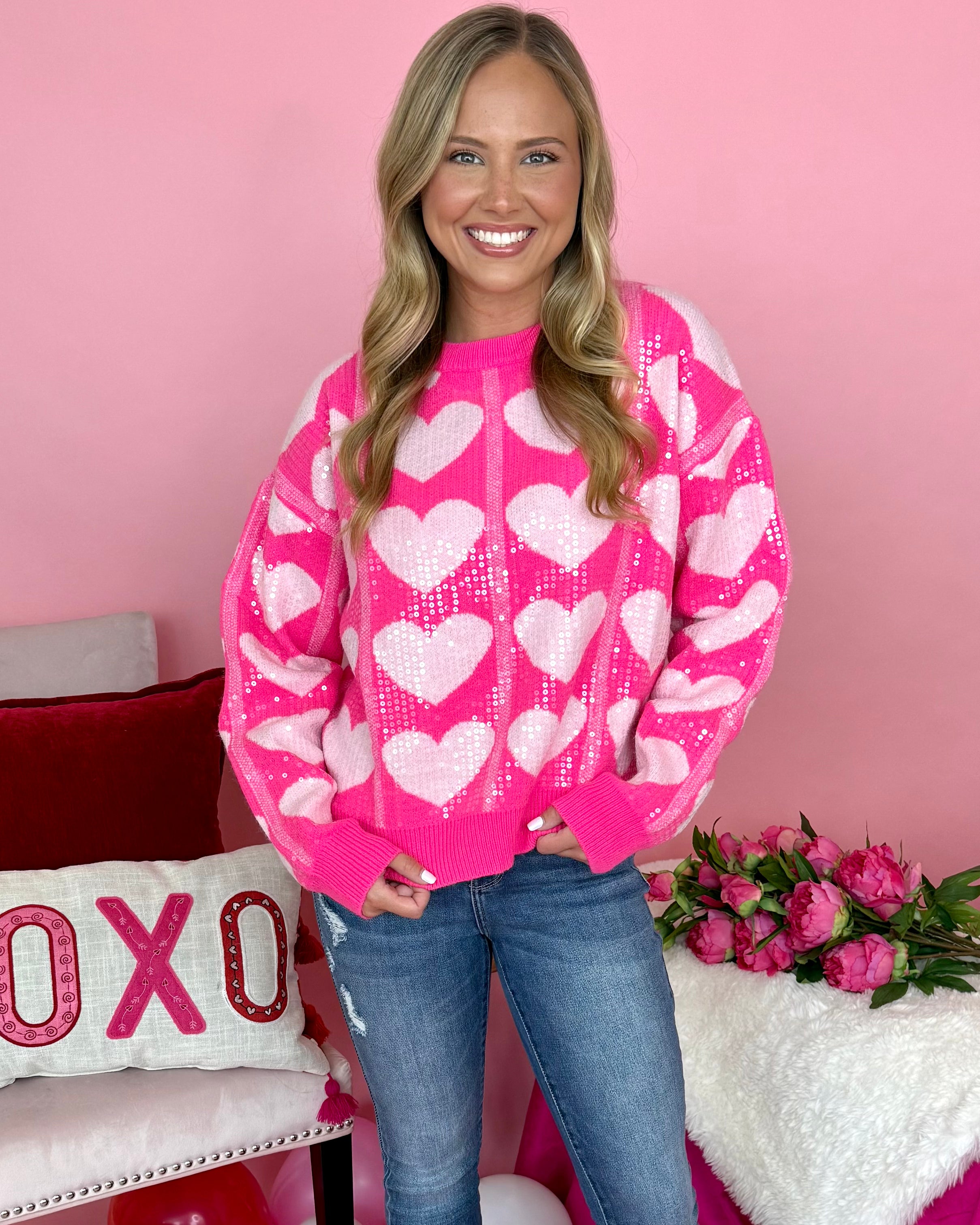 Lovely One Pink/Ivory Sequin Heart Sweater-Shop-Womens-Boutique-Clothing