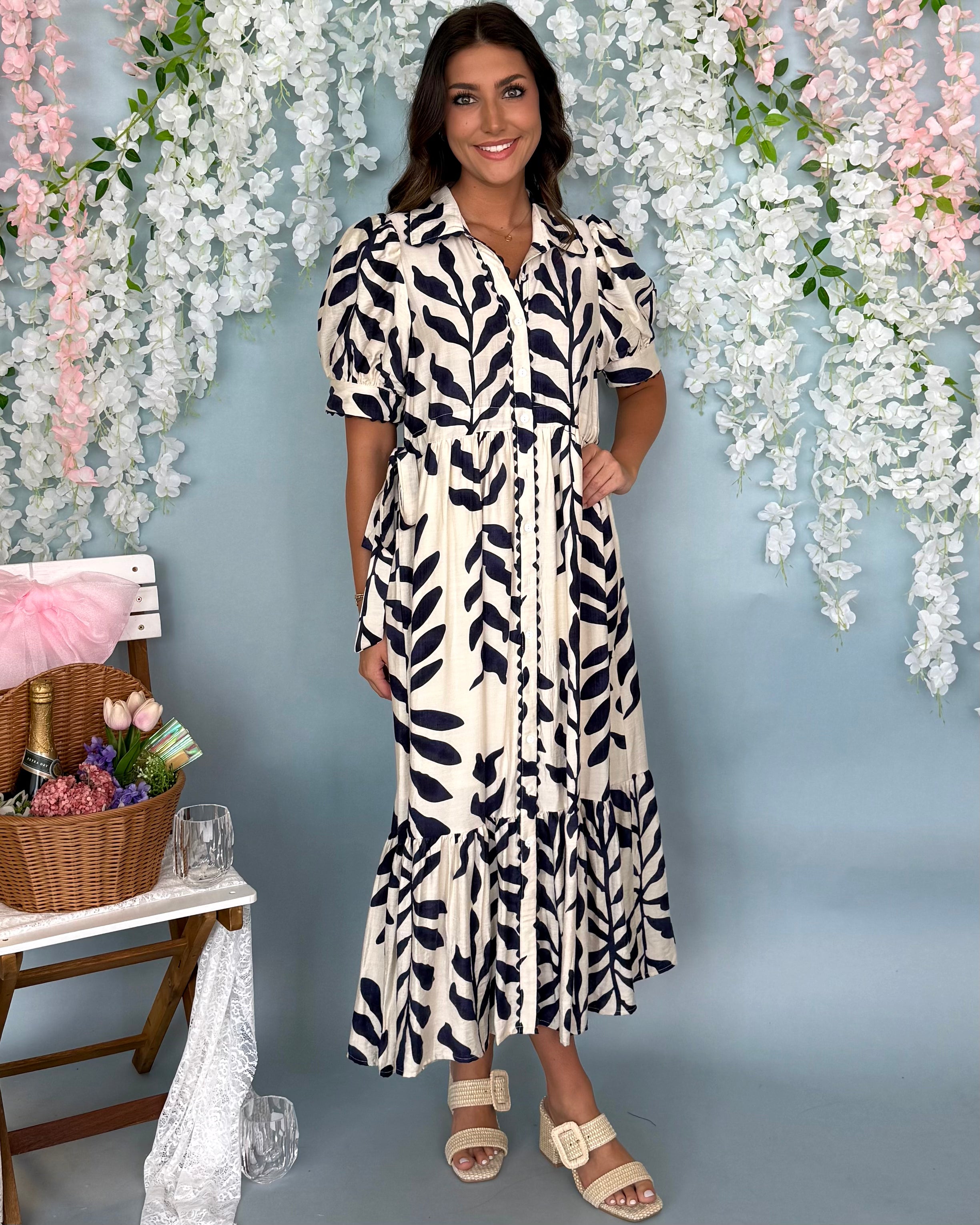 Sunny Blooms Navy Botanical Tie Midi Dress-Shop-Womens-Boutique-Clothing