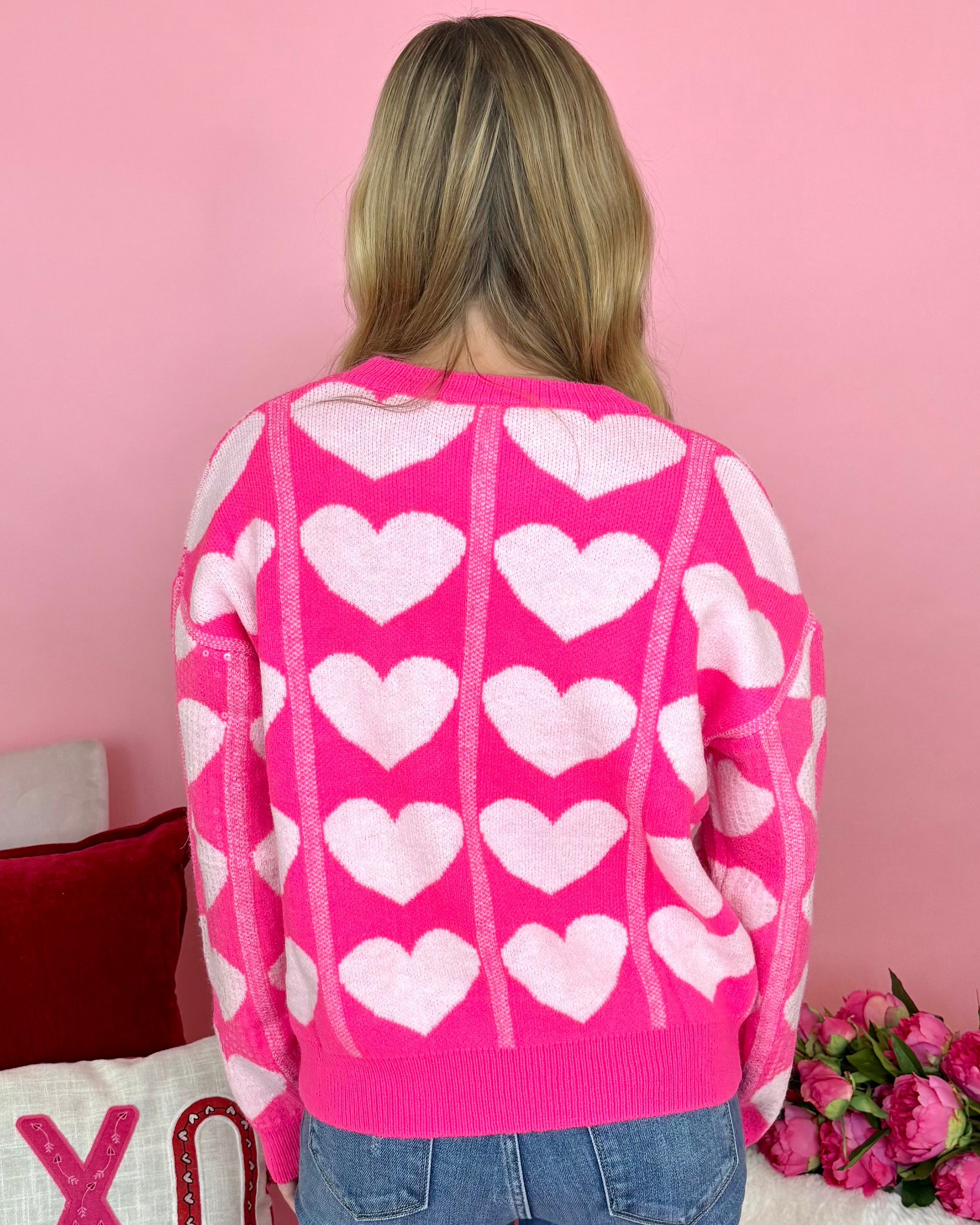 Lovely One Pink/Ivory Sequin Heart Sweater-Shop-Womens-Boutique-Clothing