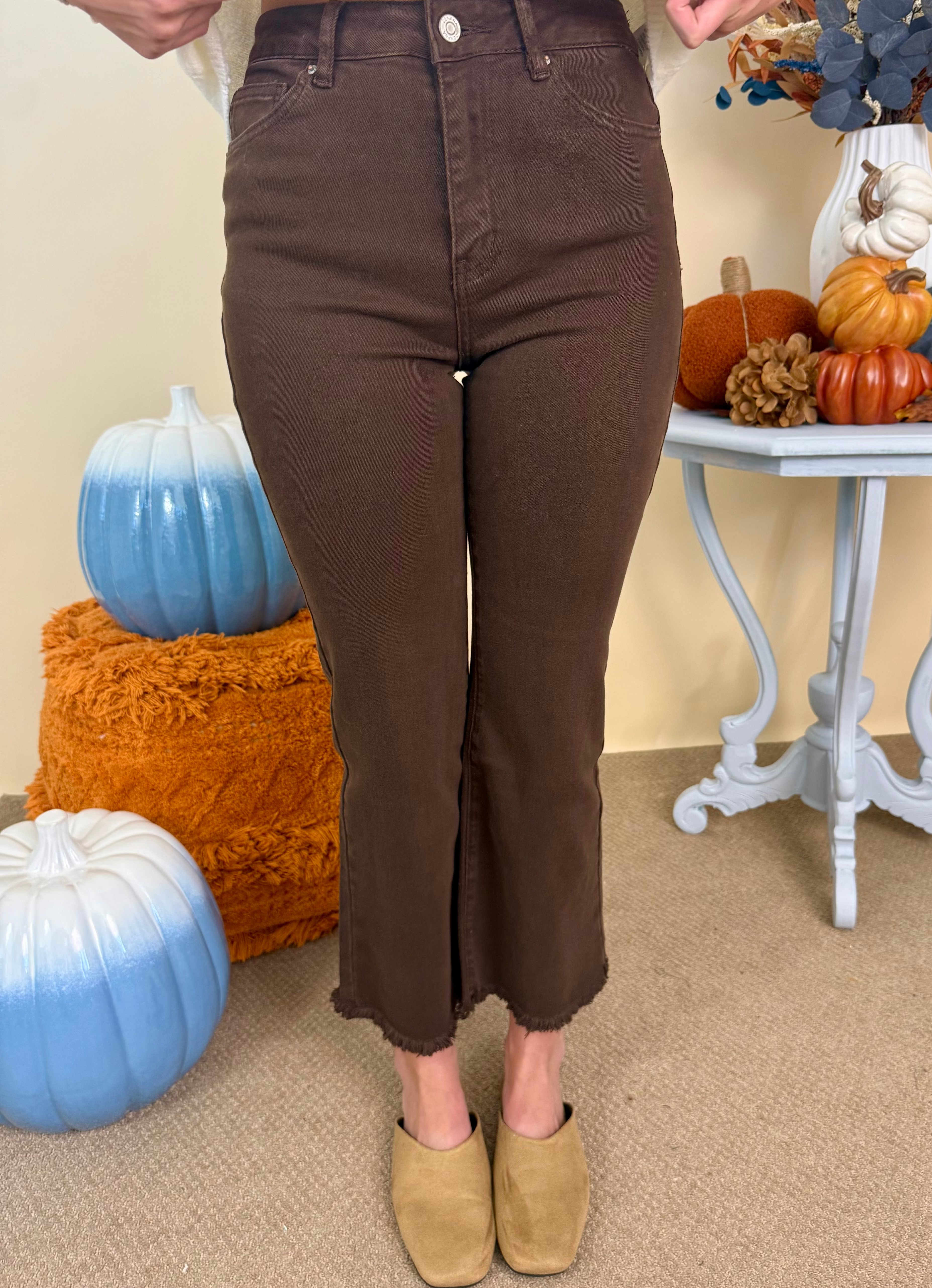 Feeling Close Dk Brown Frayed Bootcut Pants-Shop-Womens-Boutique-Clothing