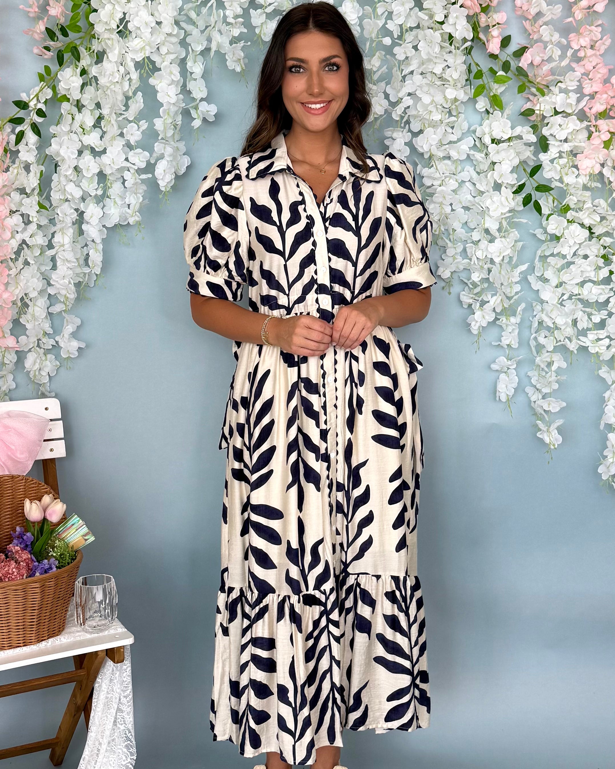 Sunny Blooms Navy Botanical Tie Midi Dress-Shop-Womens-Boutique-Clothing