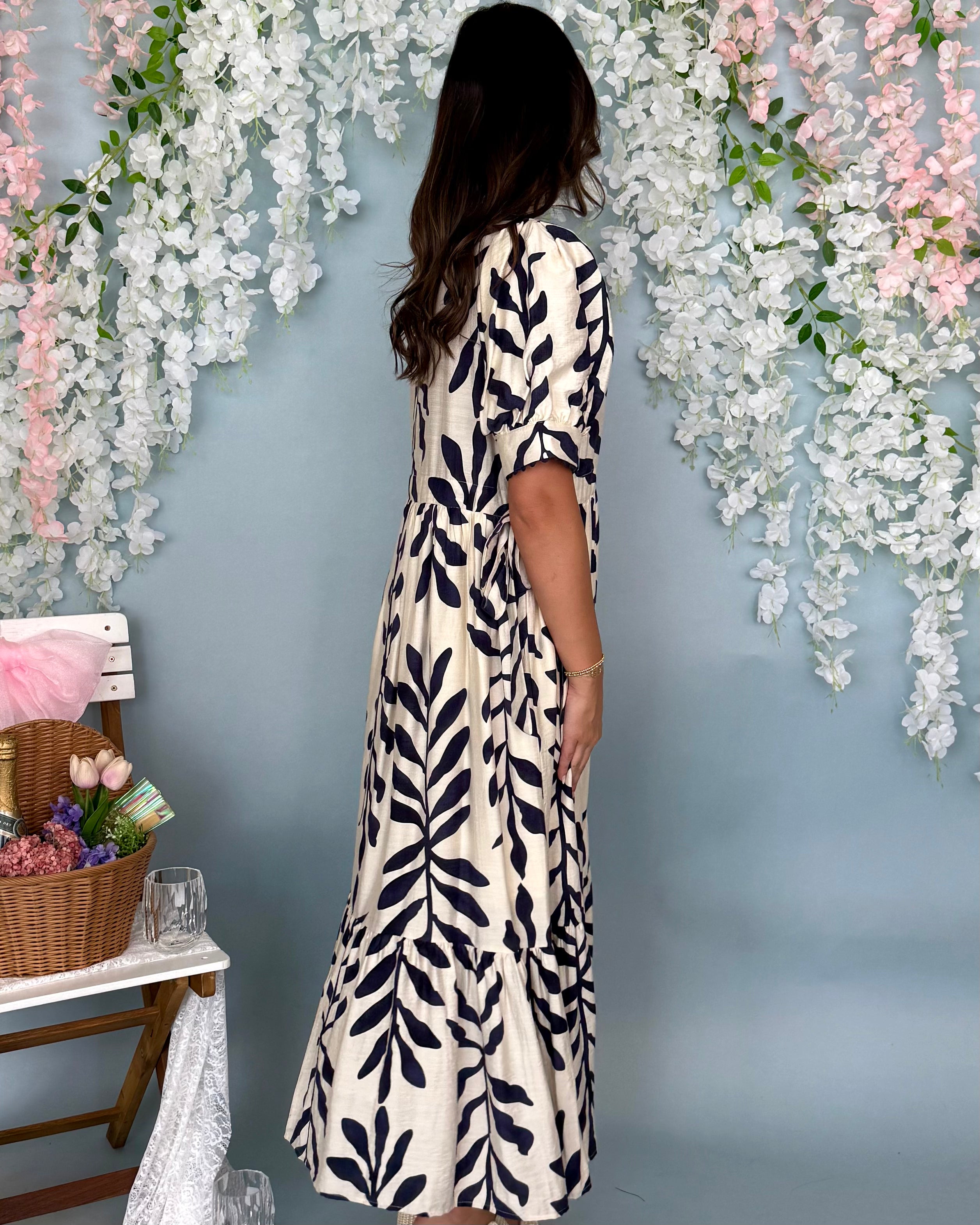 Sunny Blooms Navy Botanical Tie Midi Dress-Shop-Womens-Boutique-Clothing
