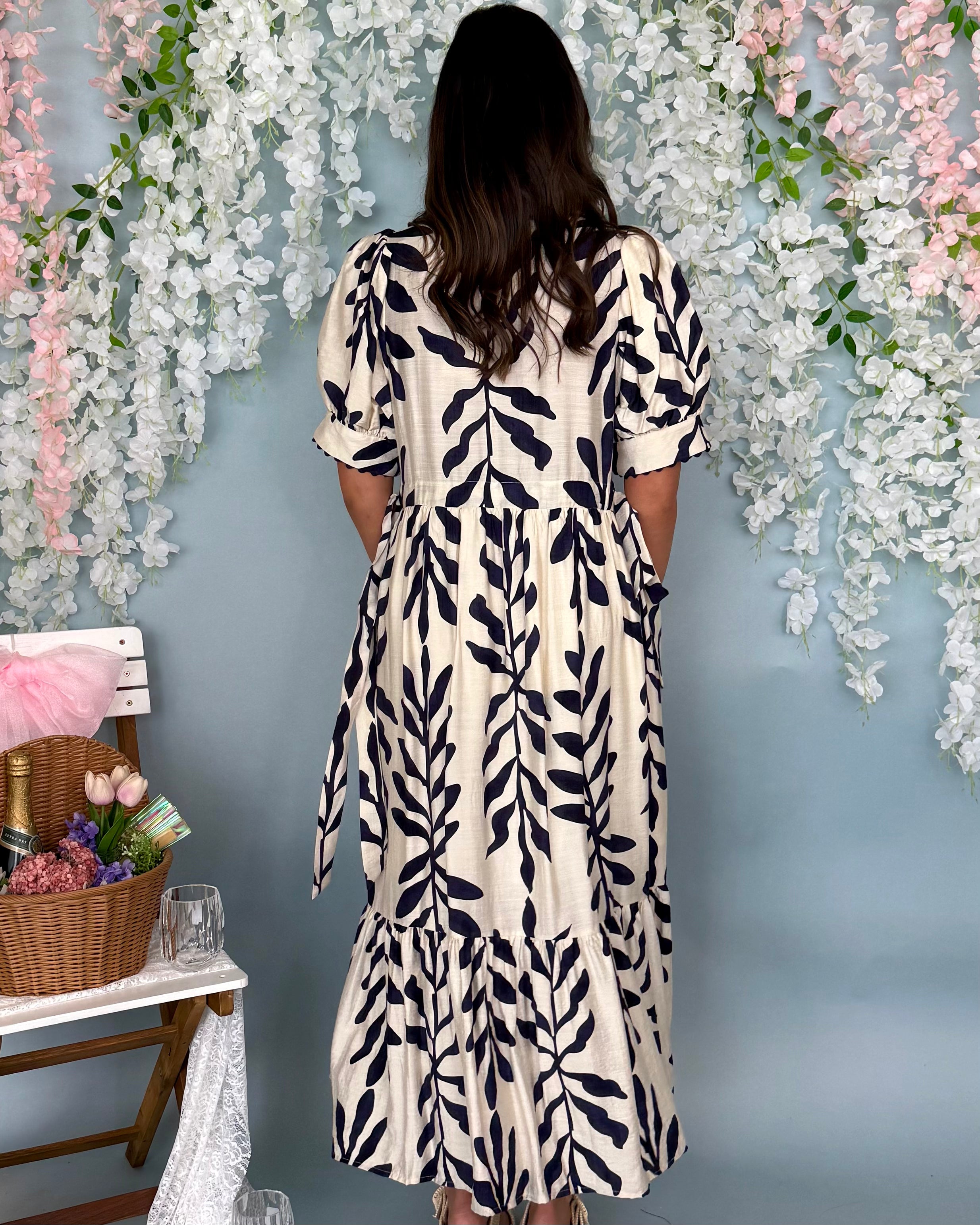 Sunny Blooms Navy Botanical Tie Midi Dress-Shop-Womens-Boutique-Clothing