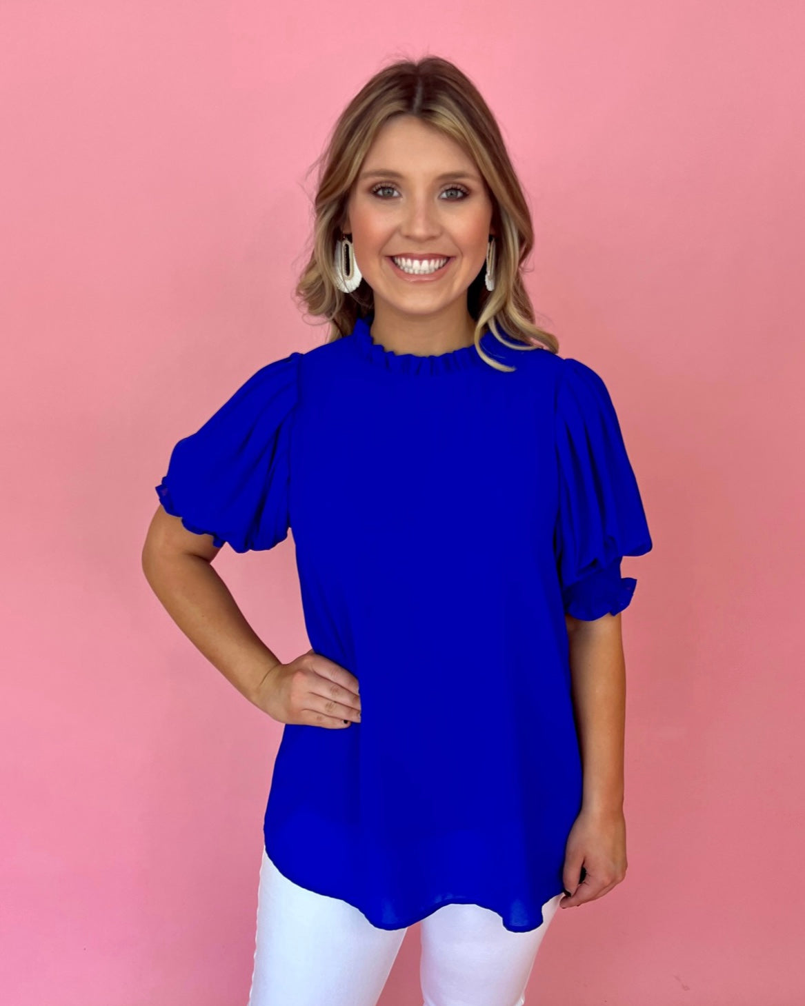 Keep An Eye Out Royal Puff Sleeve High Neck Top-Shop-Womens-Boutique-Clothing